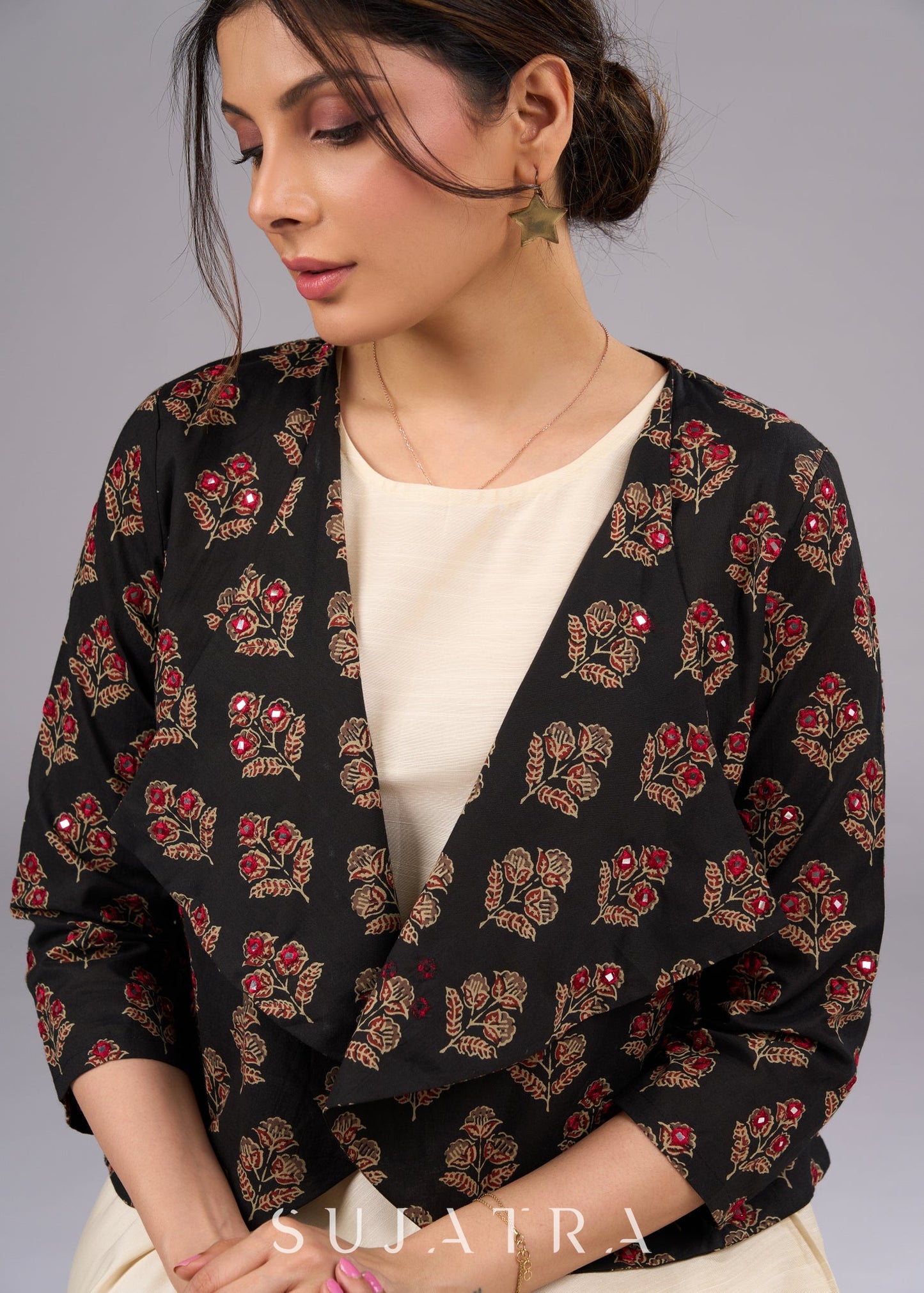 Elegant Printed Ajrakh Jacket with MirrorHand Embroidery