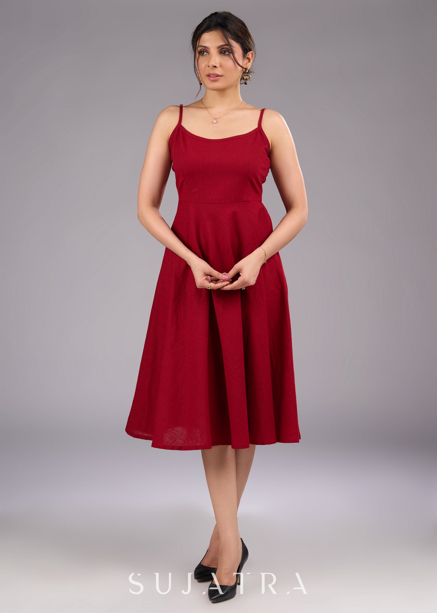 Cotton Red Flared Strappy One Piece Dress SujatraCA Cotton Red Flared Strappy One Piece Dress SujatraCA