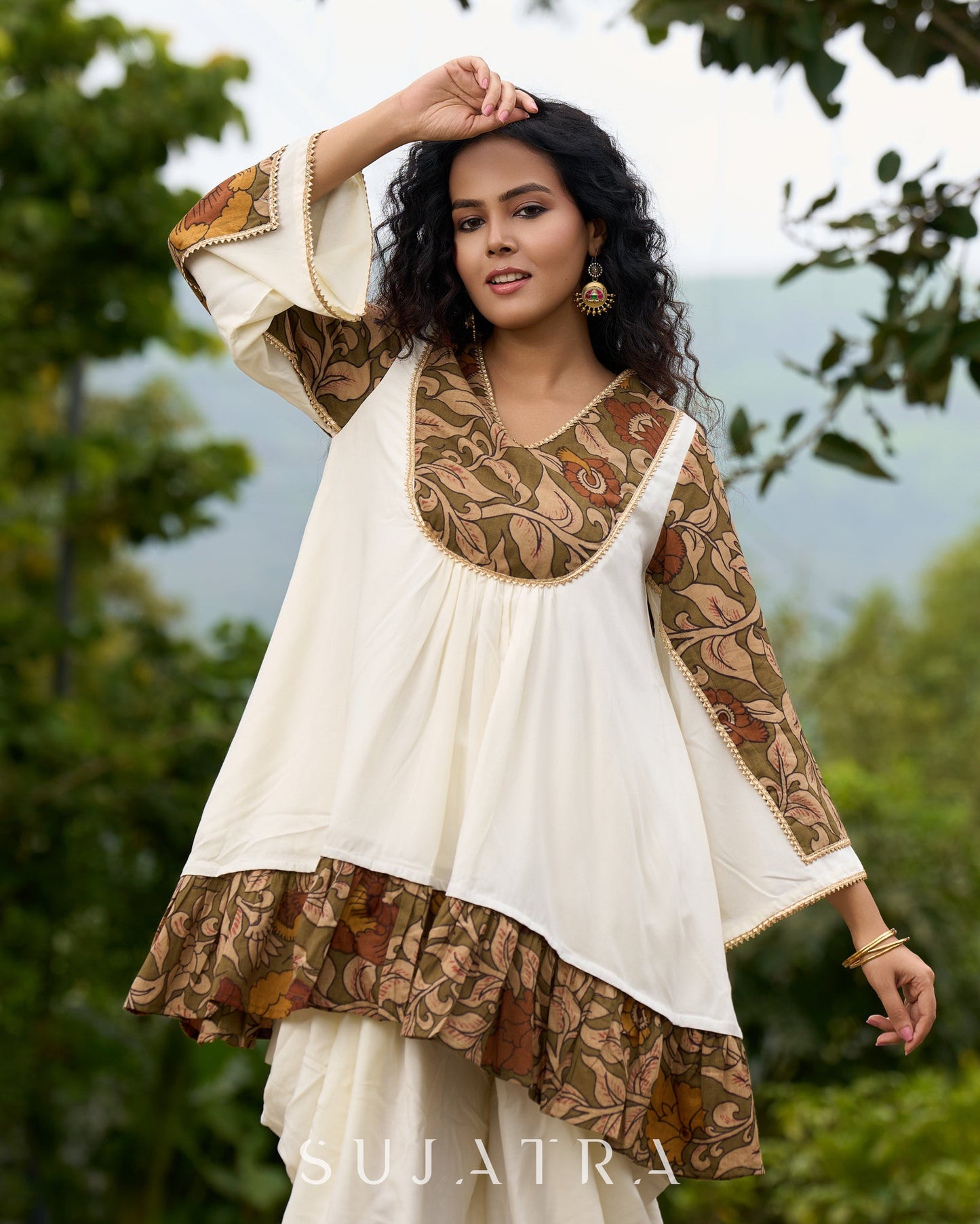 Boho Kalamkari Flared Short Tunic with Statement Sleeves - Dhoti Pant Additional