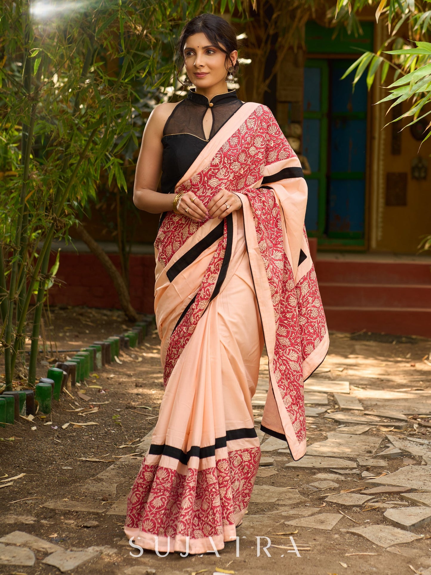 Peach Blossom Modal Saree with Block Print combination & bold black border