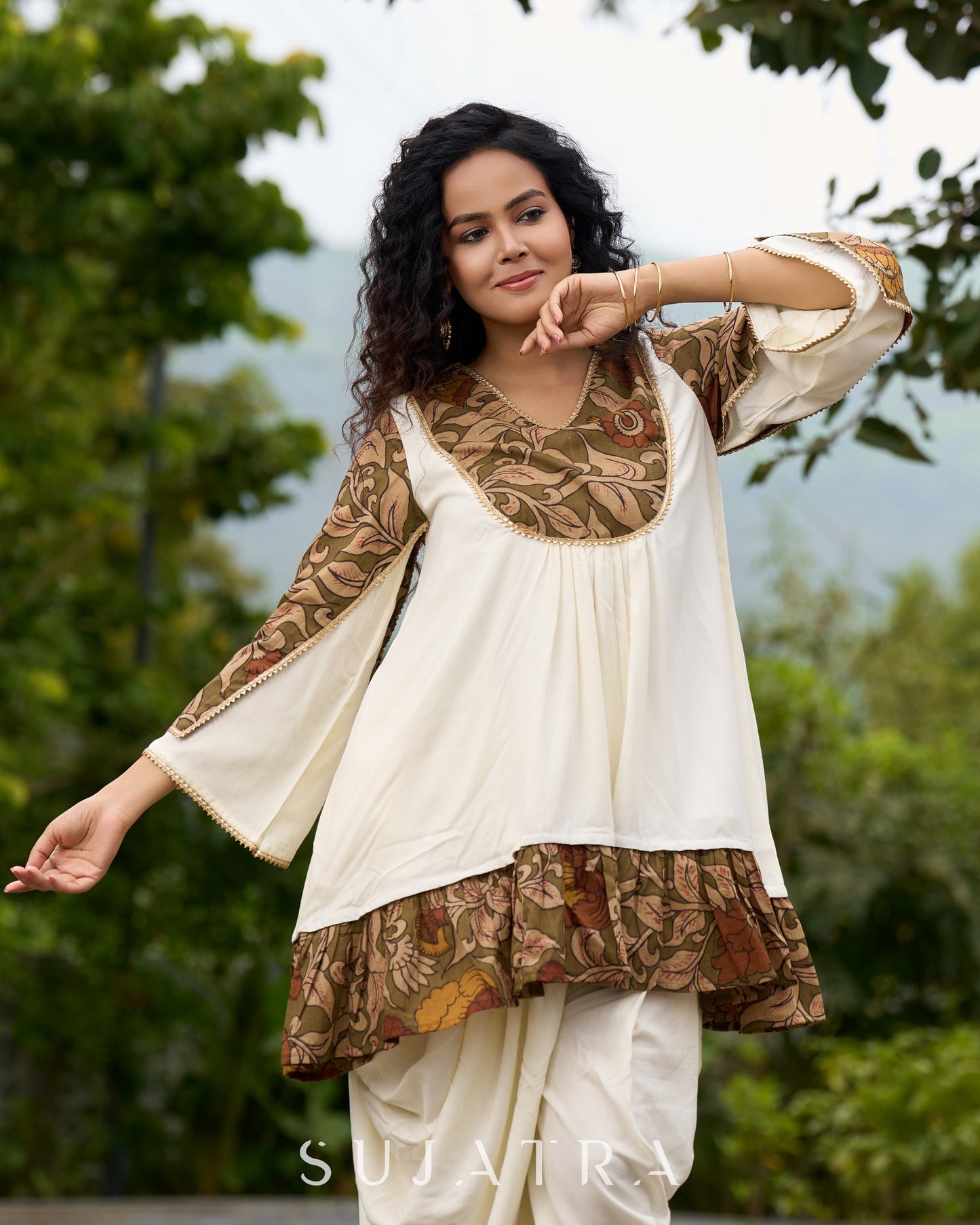 Boho Kalamkari Flared Short Tunic with Statement Sleeves - Dhoti Pant Additional