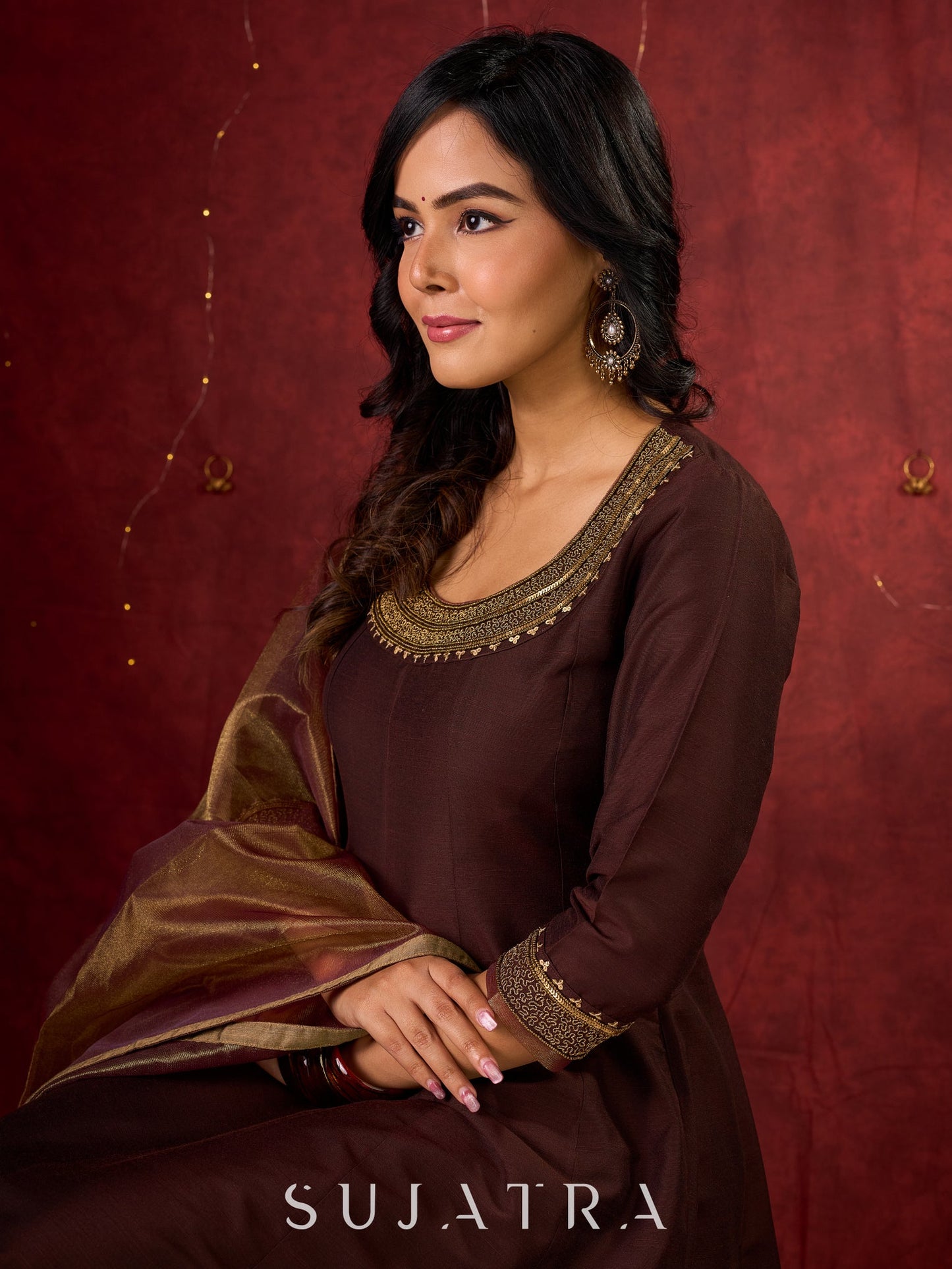 Exquisite Dark Brown Cotton Silk Kali Anarkali with Minimal Hand-Embroidered Neckline & Sleeves