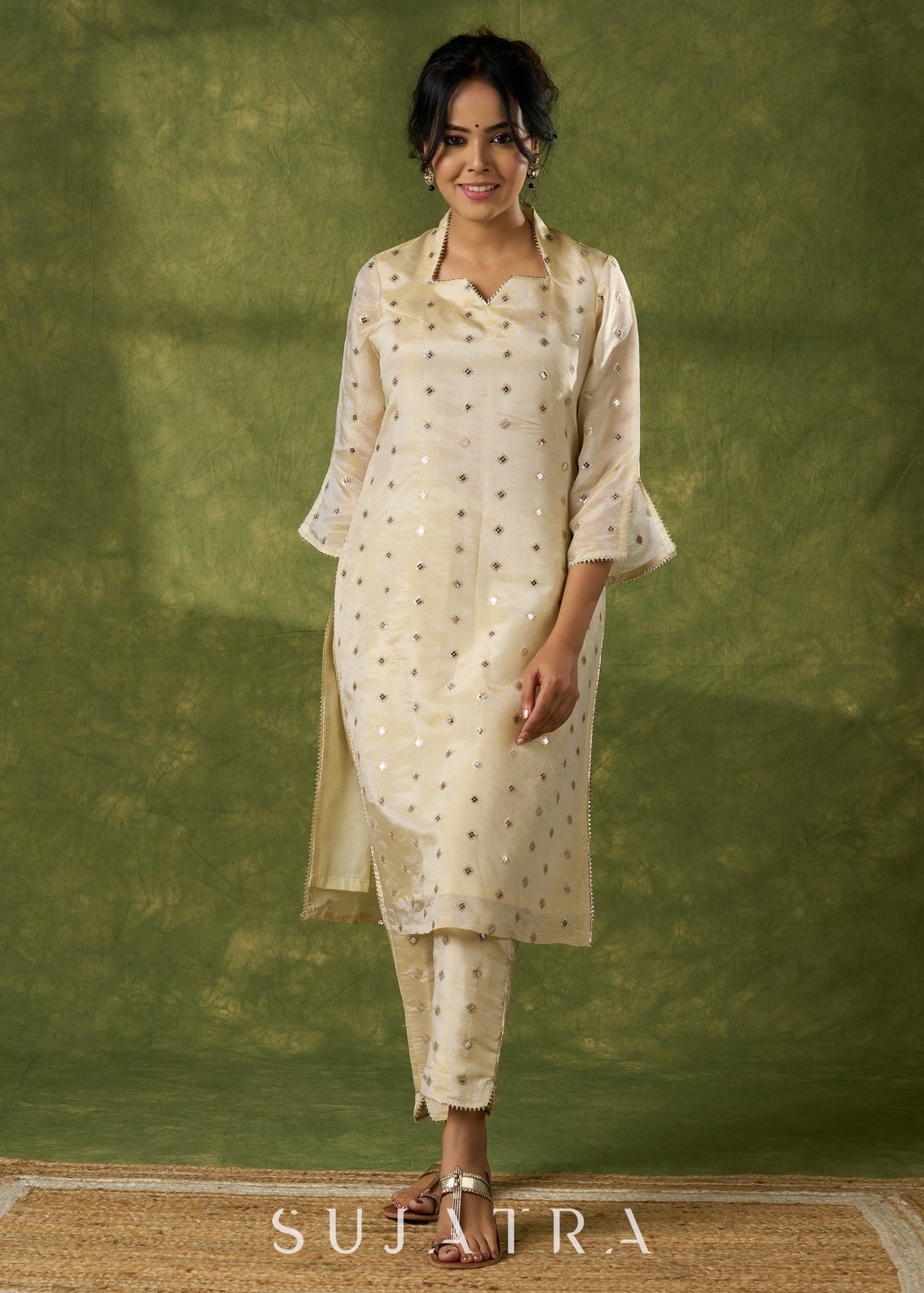 Elegant off White Self-Embellished Tissue Kurta - Pant Optional