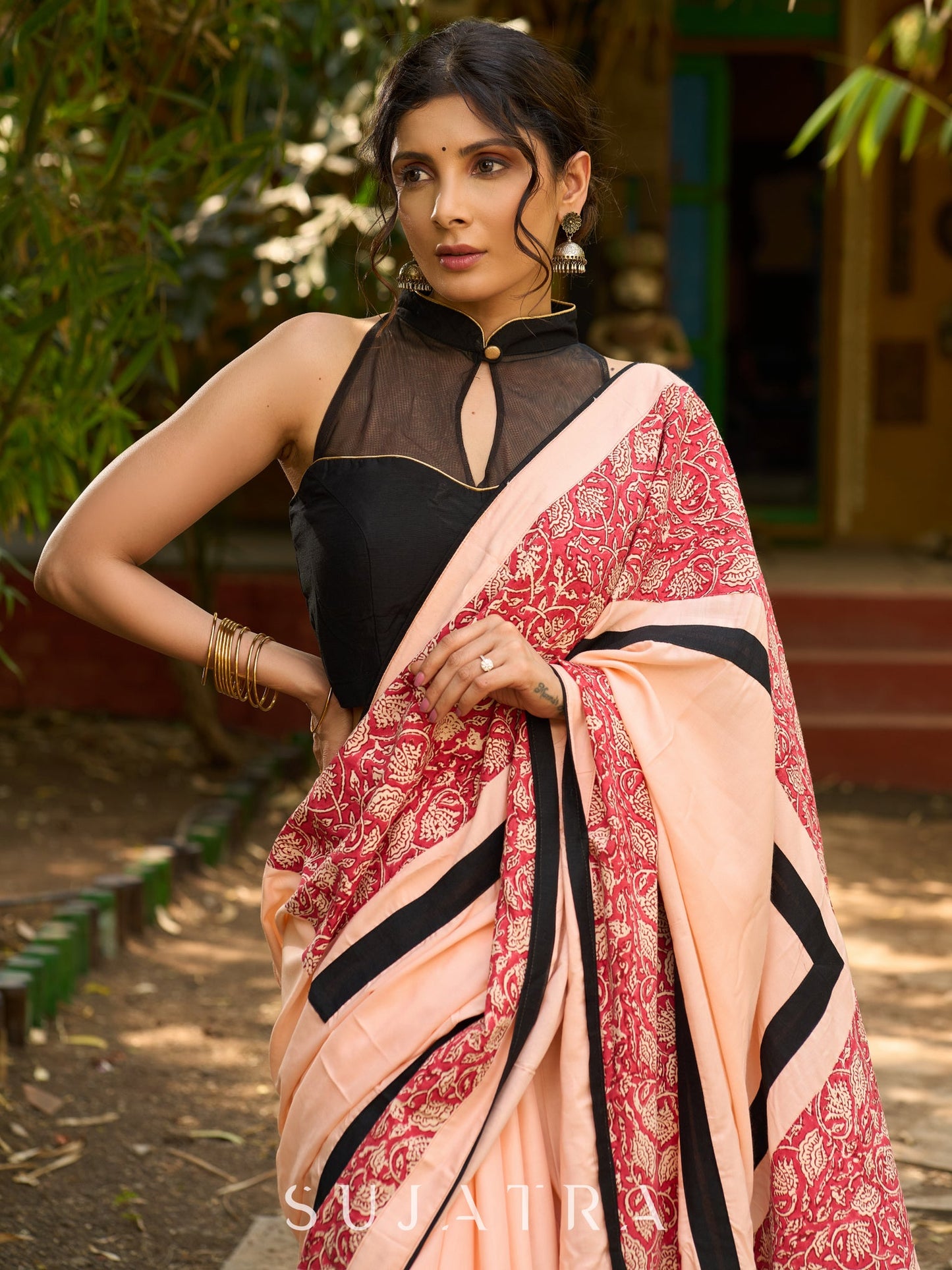Peach Blossom Modal Saree with Block Print combination & bold black border