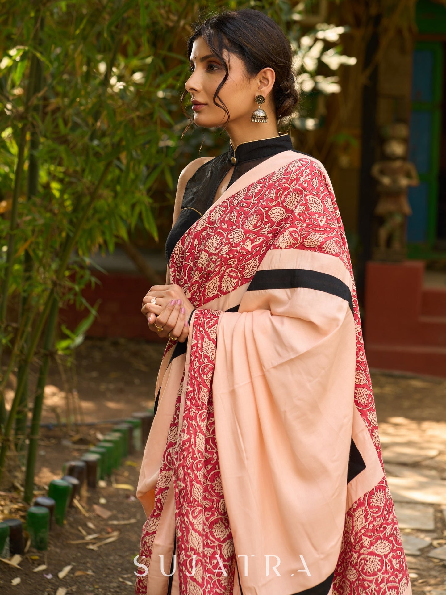 Peach Blossom Modal Saree with Block Print combination & bold black border