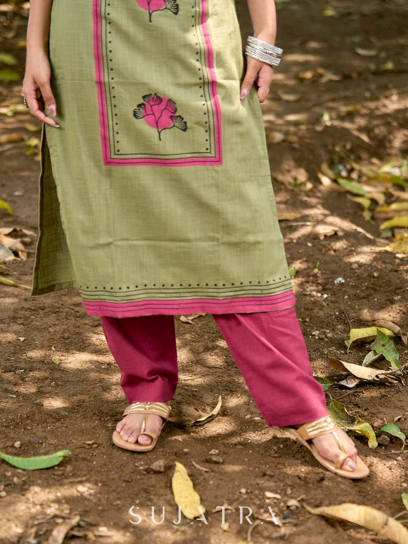 Radiant Mint Green Cotton Kurta with Minimal Floral Hand Block Motifs and Magenta Detailing