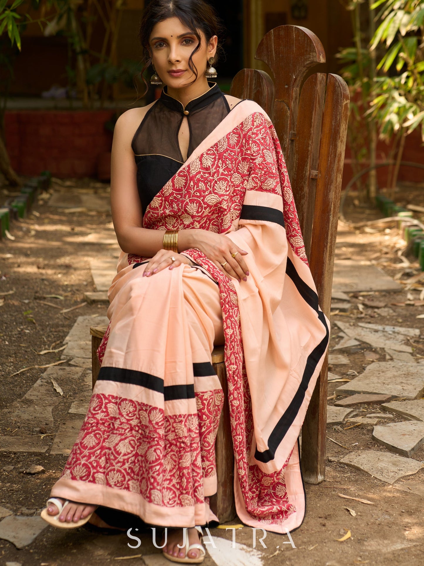 Peach Blossom Modal Saree with Block Print combination & bold black border