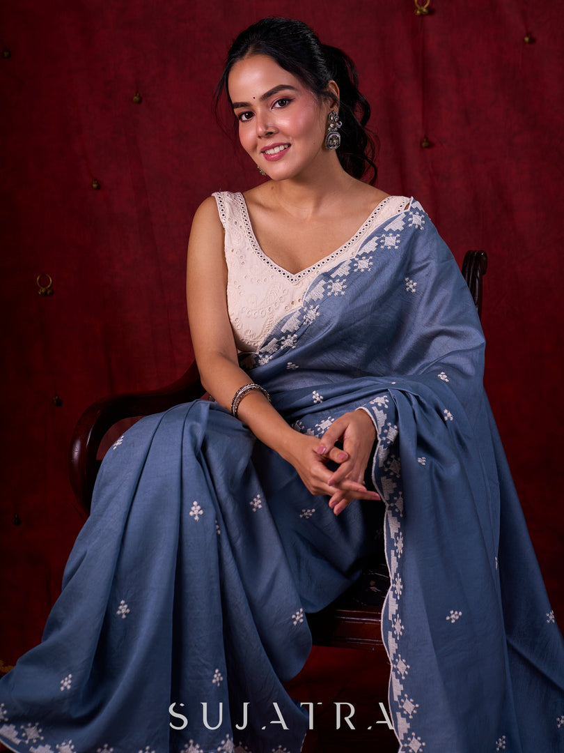 Steel Grey Chanderi Saree with Delicate Embroidered Butta & Scalloped Detailing