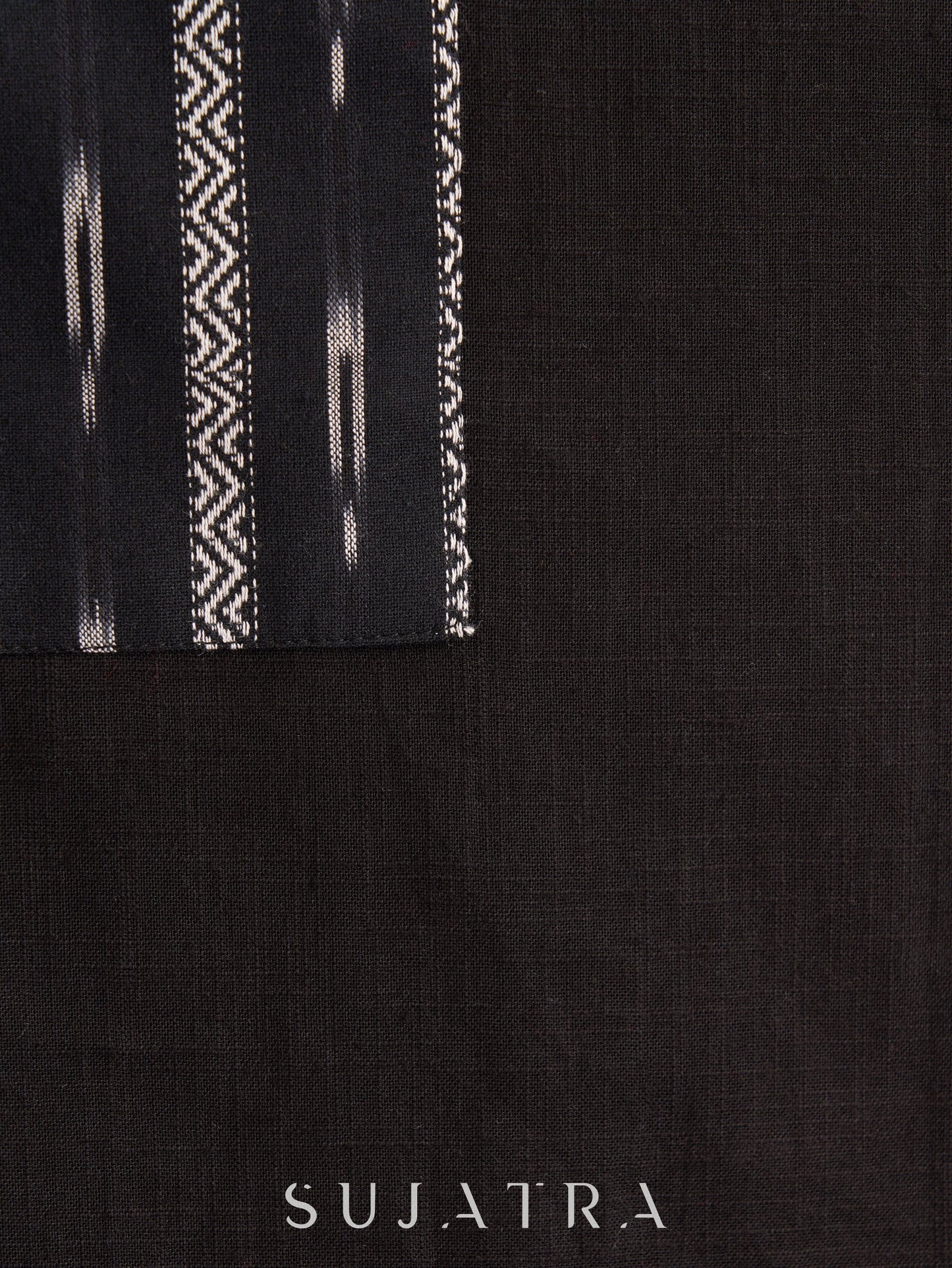 Timeless Black Cotton Kurta with Ikat Pockets, Kantha Handwork & Tassel-Tied Neckline