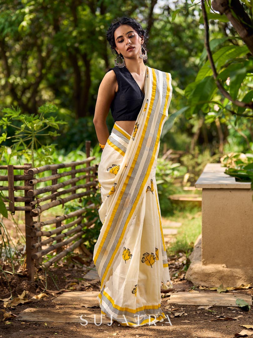 Breezy Off-White Cotton Saree with Fresh Floral Hand Block Print and Yellow Border Highlights