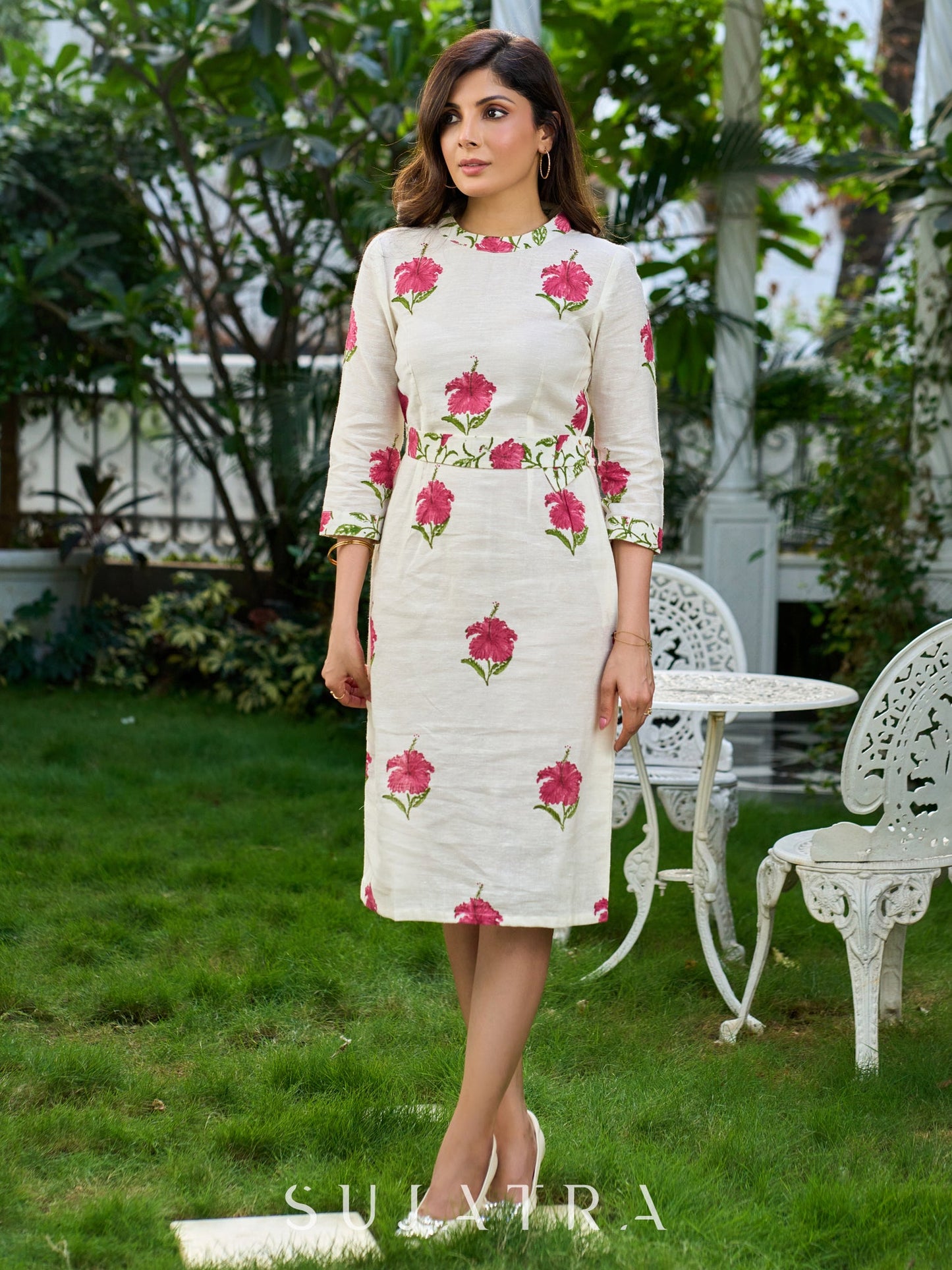 Wanderlust White Floral Printed Cotton Flex Dress with Halter Neck, Belted Waist and Graceful Back Slit