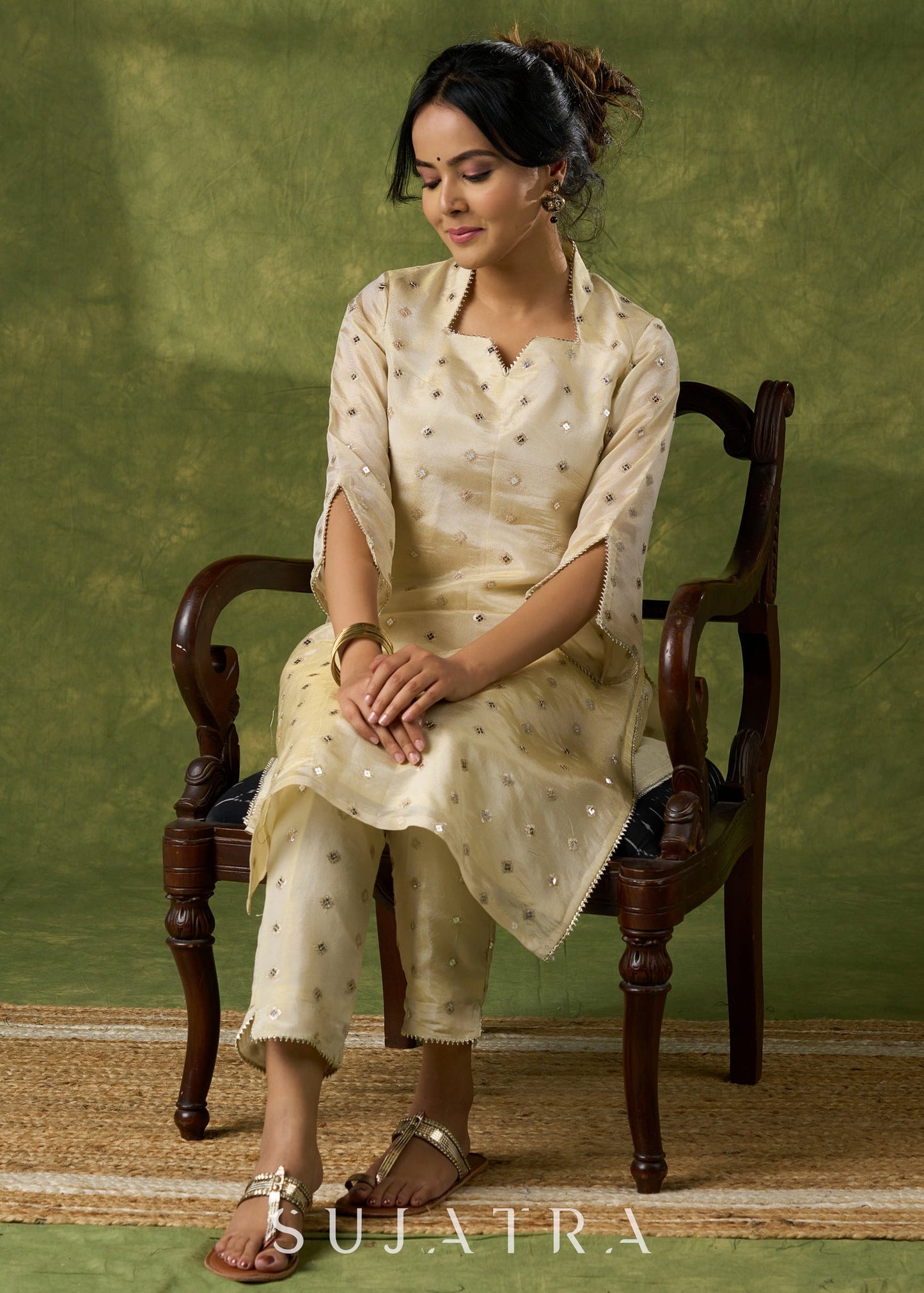 Elegant off White Self-Embellished Tissue Kurta - Pant Optional