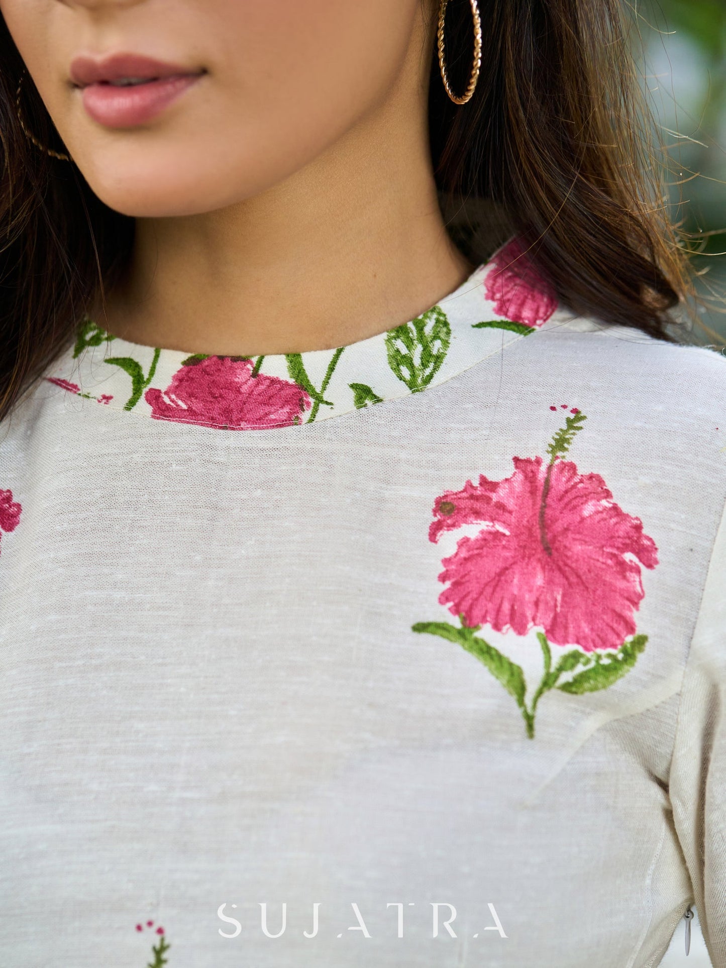 Wanderlust White Floral Printed Cotton Flex Dress with Halter Neck, Belted Waist and Graceful Back Slit