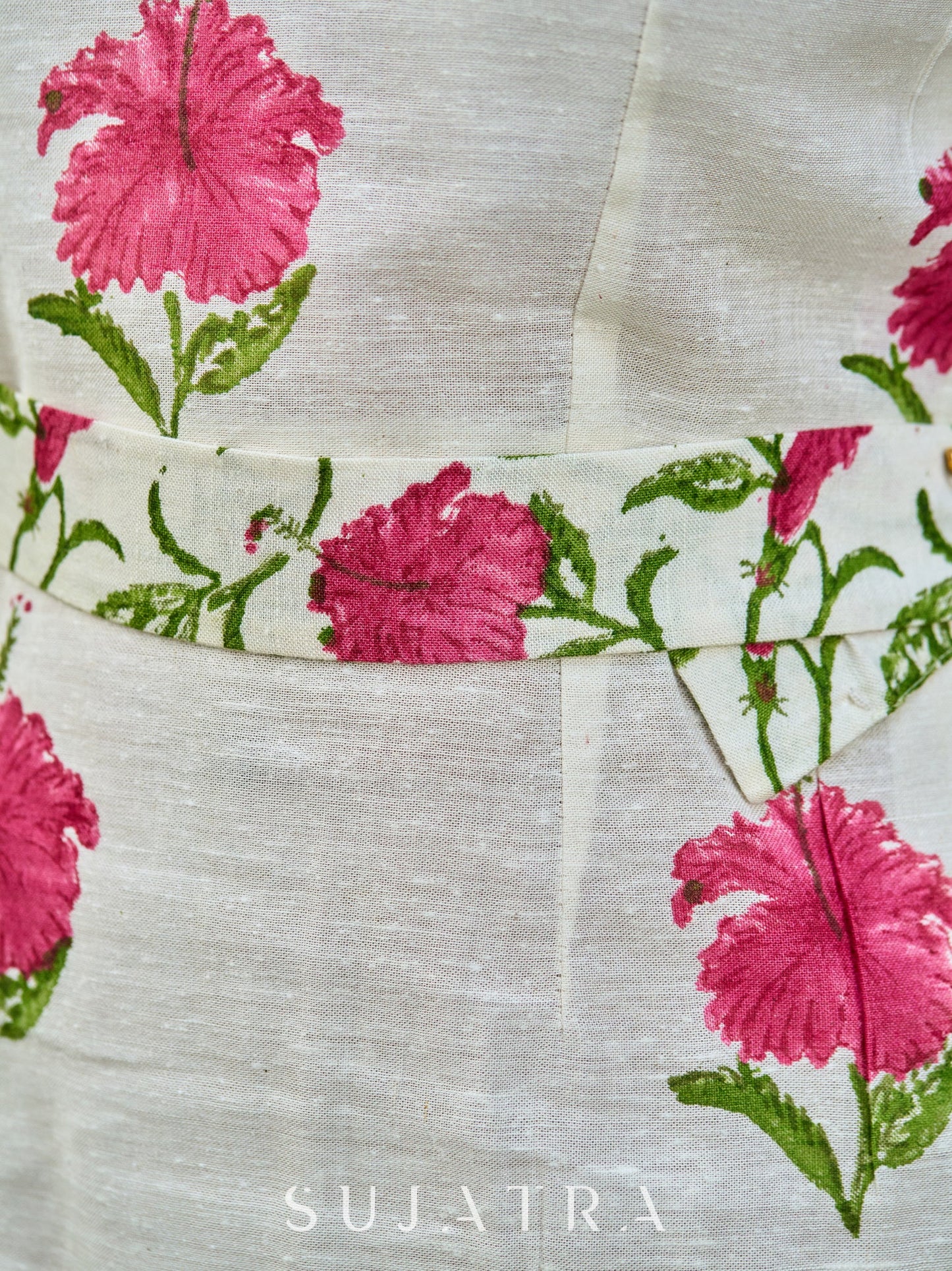 Wanderlust White Floral Printed Cotton Flex Dress with Halter Neck, Belted Waist and Graceful Back Slit