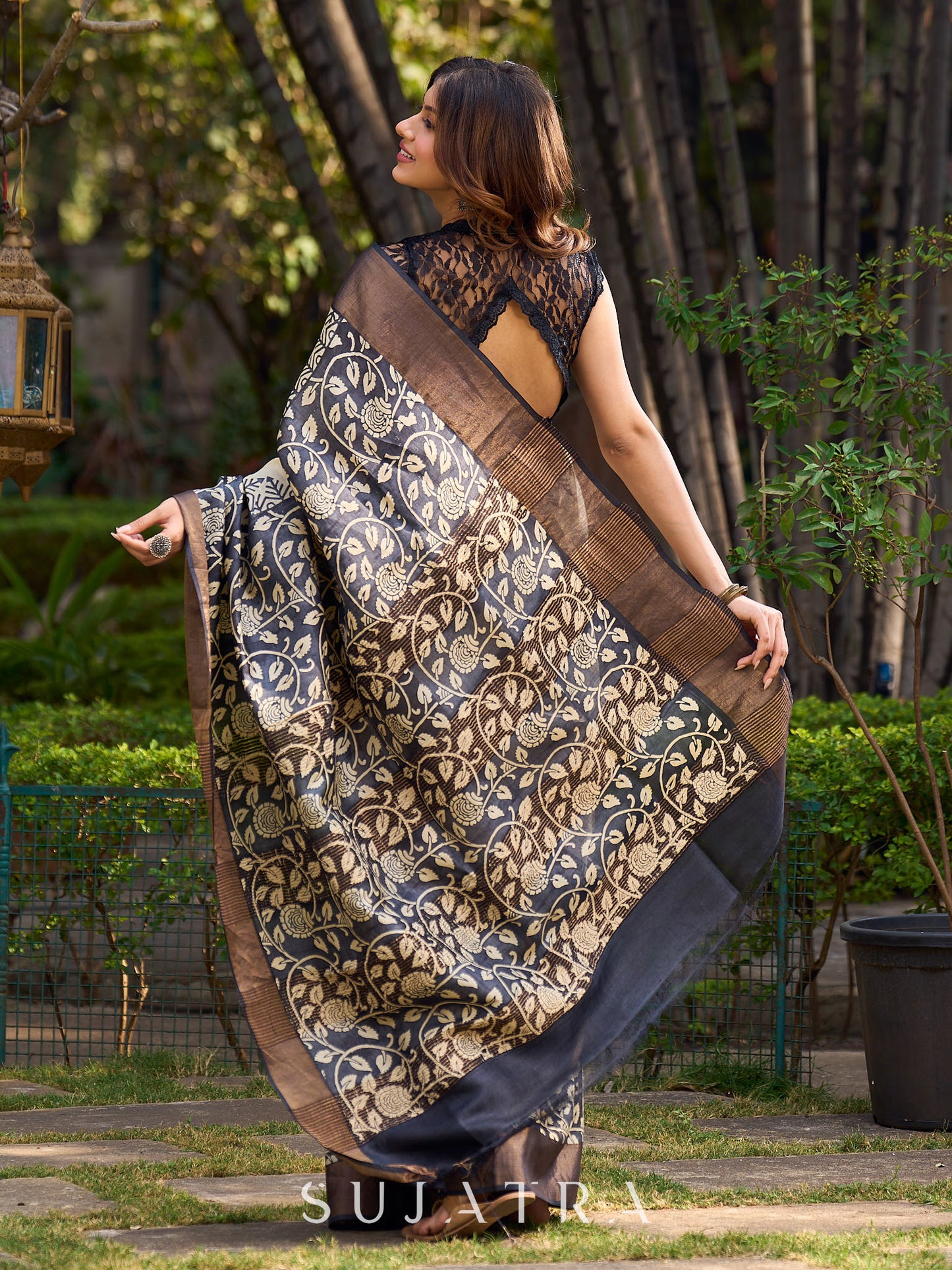 Elegant Ivory and Charcoal Pure Tussar Silk Saree With Kalamkari Inspiration Featuring Leaf Motifs and a Refined Jari Border