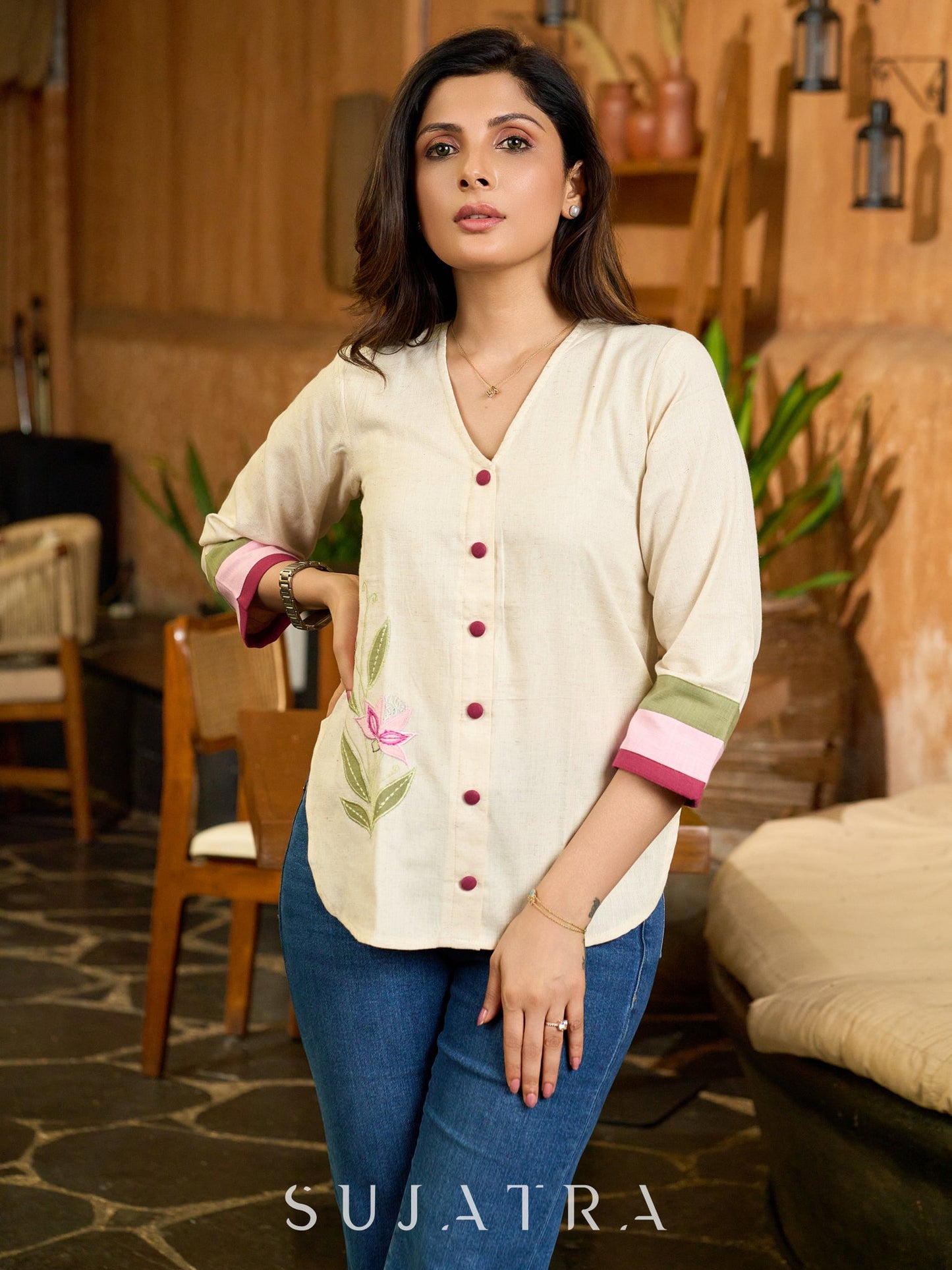 Off White Flex Cotton Top with Colorblock Sleeves and Floral Embroidery