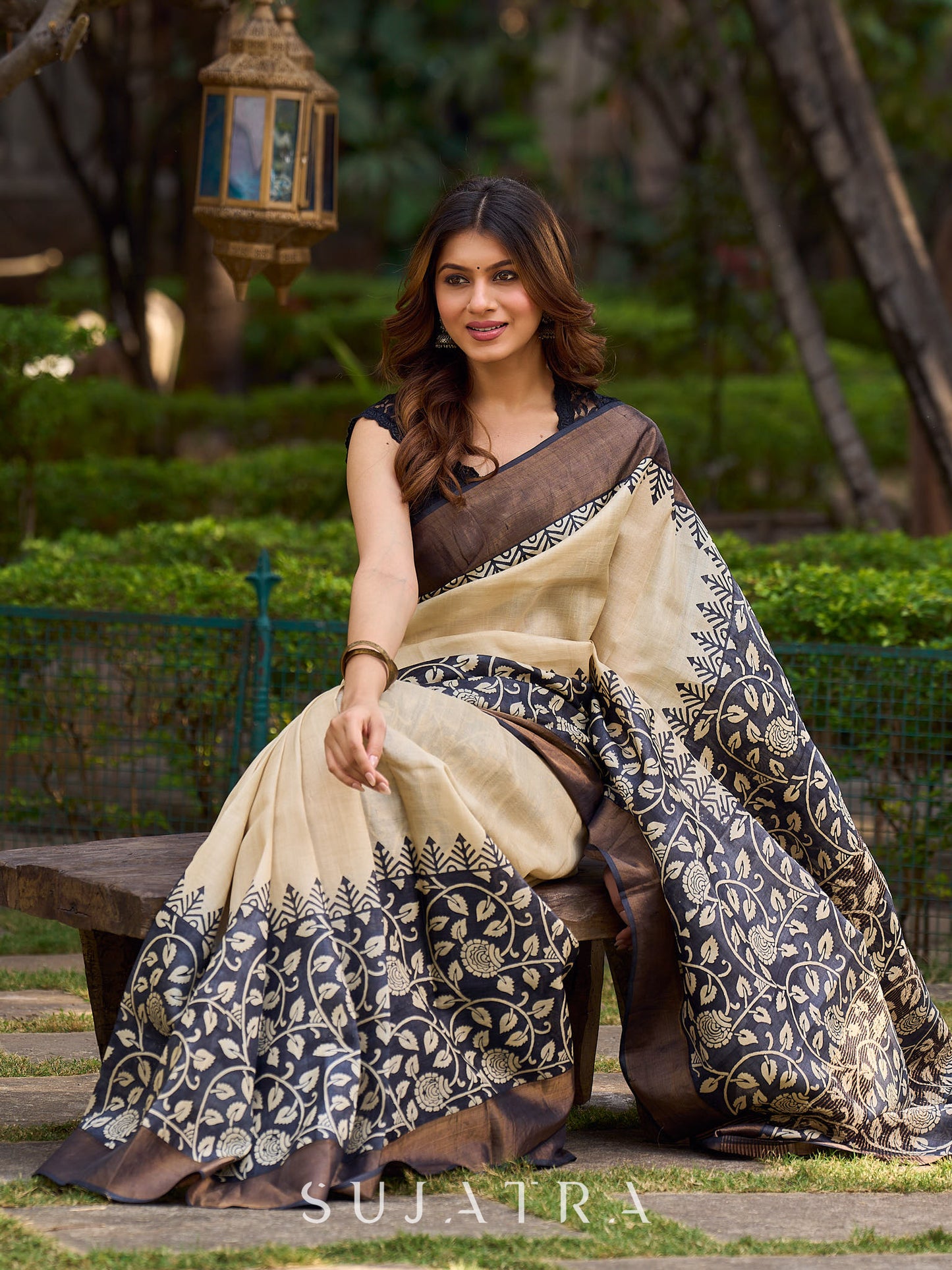 Elegant Ivory and Charcoal Pure Tussar Silk Saree With Kalamkari Inspiration Featuring Leaf Motifs and a Refined Jari Border