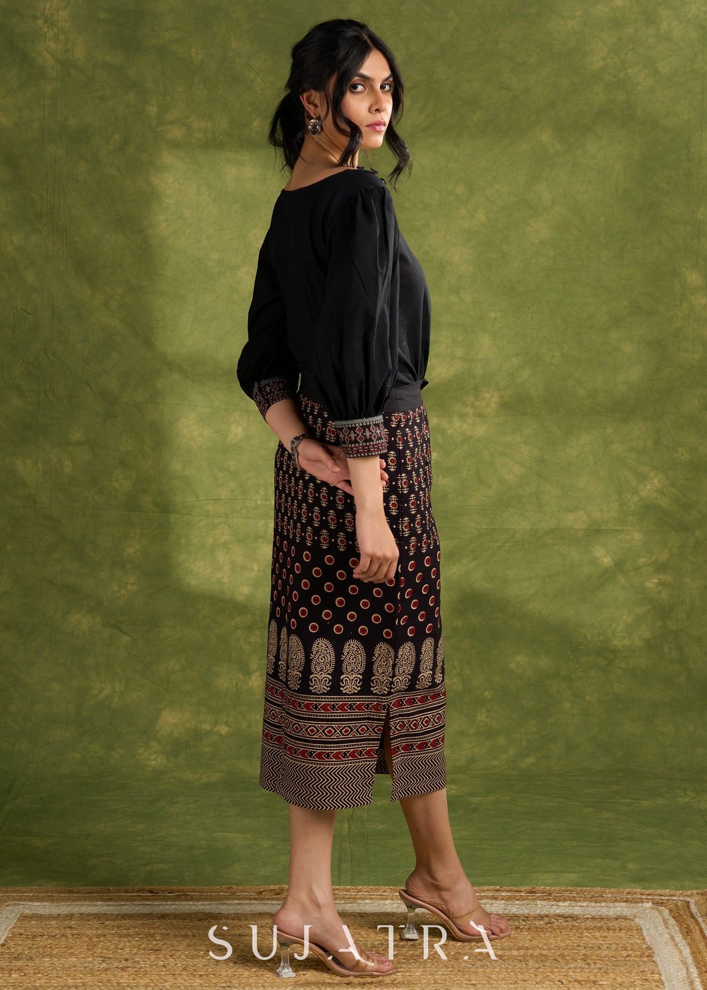 Black Cotton Top With Asymmetric Neck And Puffed Sleeves - Skirt Optional