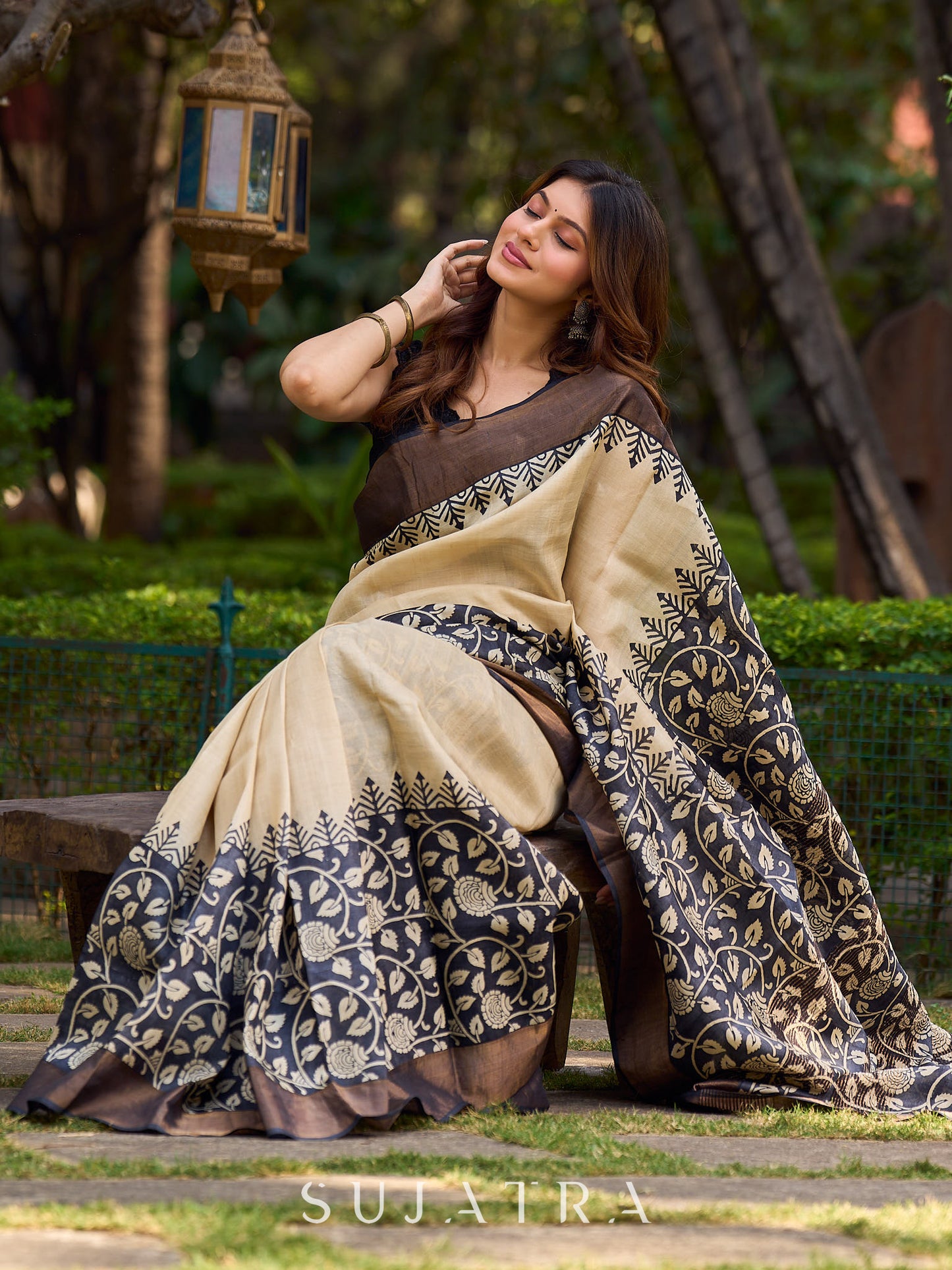 Elegant Ivory and Charcoal Pure Tussar Silk Saree With Kalamkari Inspiration Featuring Leaf Motifs and a Refined Jari Border