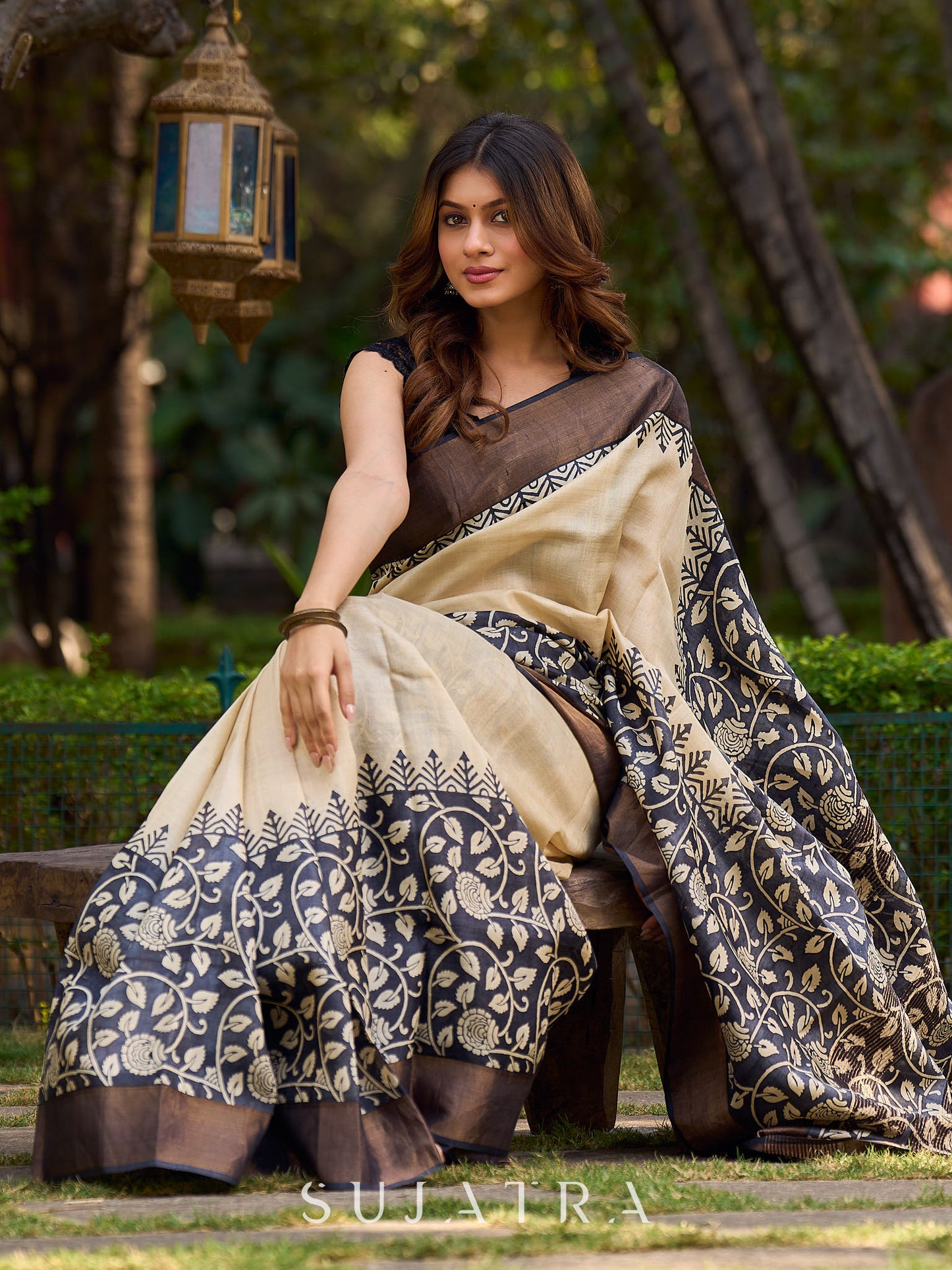 Elegant Ivory and Charcoal Pure Tussar Silk Saree With Kalamkari Inspiration Featuring Leaf Motifs and a Refined Jari Border