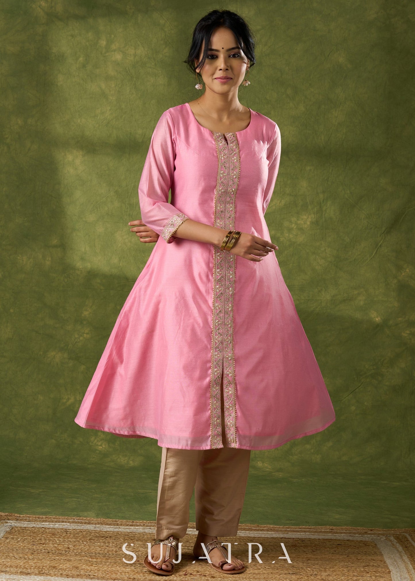 Delicate Pink Chanderi Kurta With Lace Works - Pant Optional