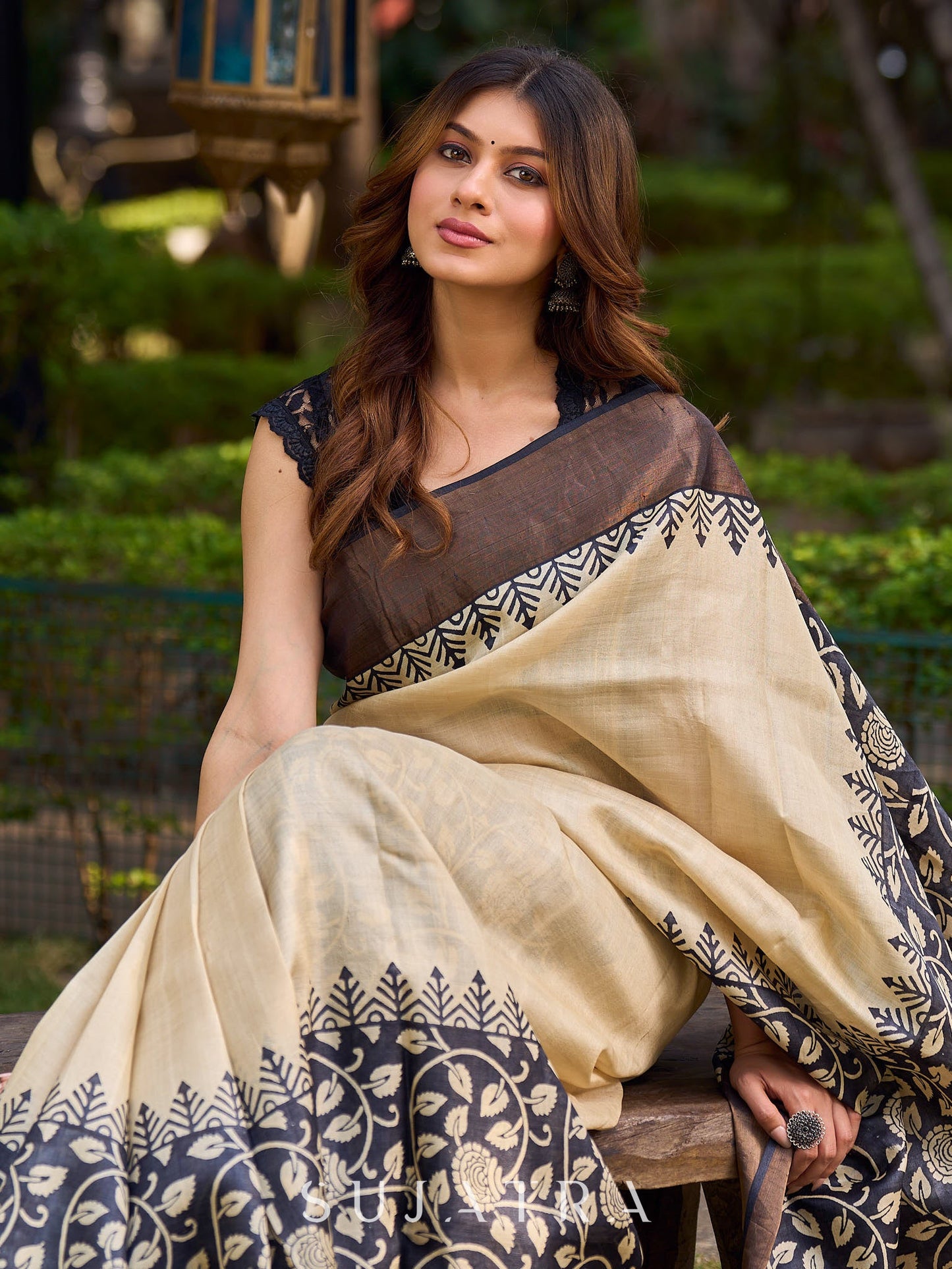 Elegant Ivory and Charcoal Pure Tussar Silk Saree With Kalamkari Inspiration Featuring Leaf Motifs and a Refined Jari Border