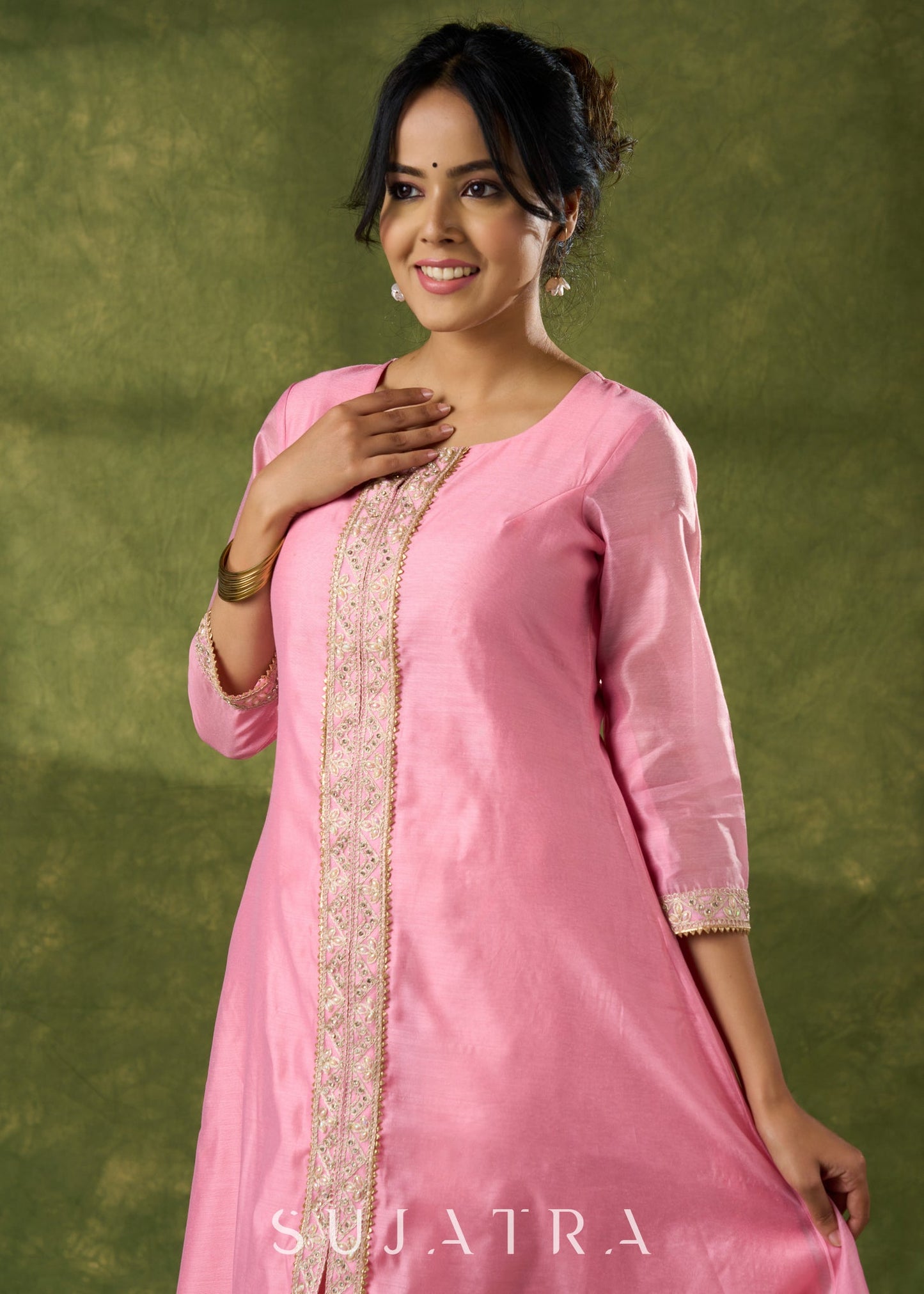 Delicate Pink Chanderi Kurta With Lace Works - Pant Optional