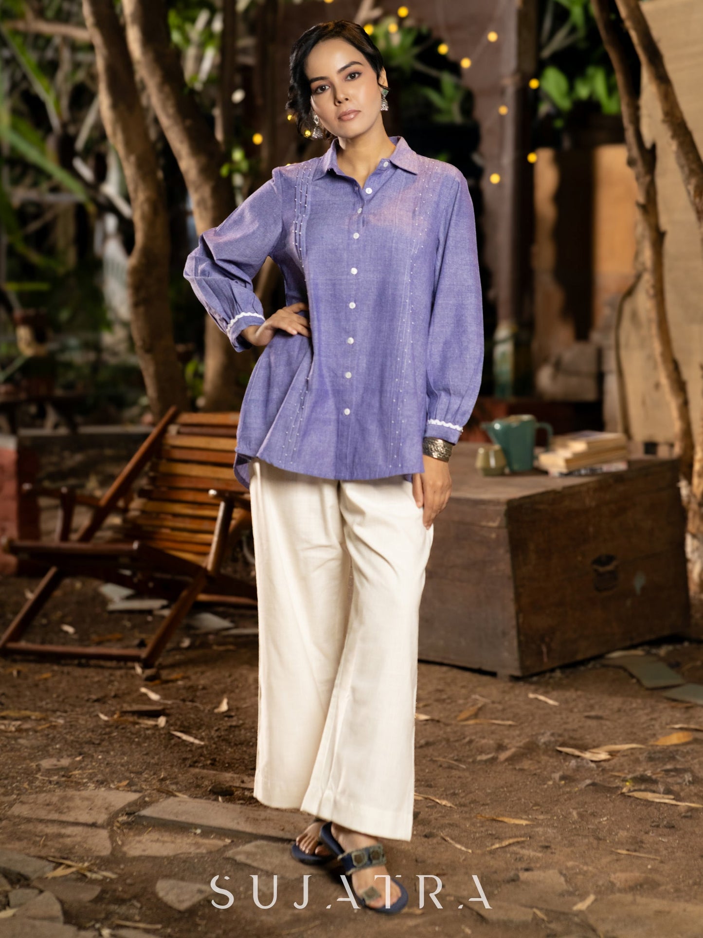 Luxe Lavender Handloom Cotton Shirt with Pleats, Delicate Beads and Crochet Lace Embellishment