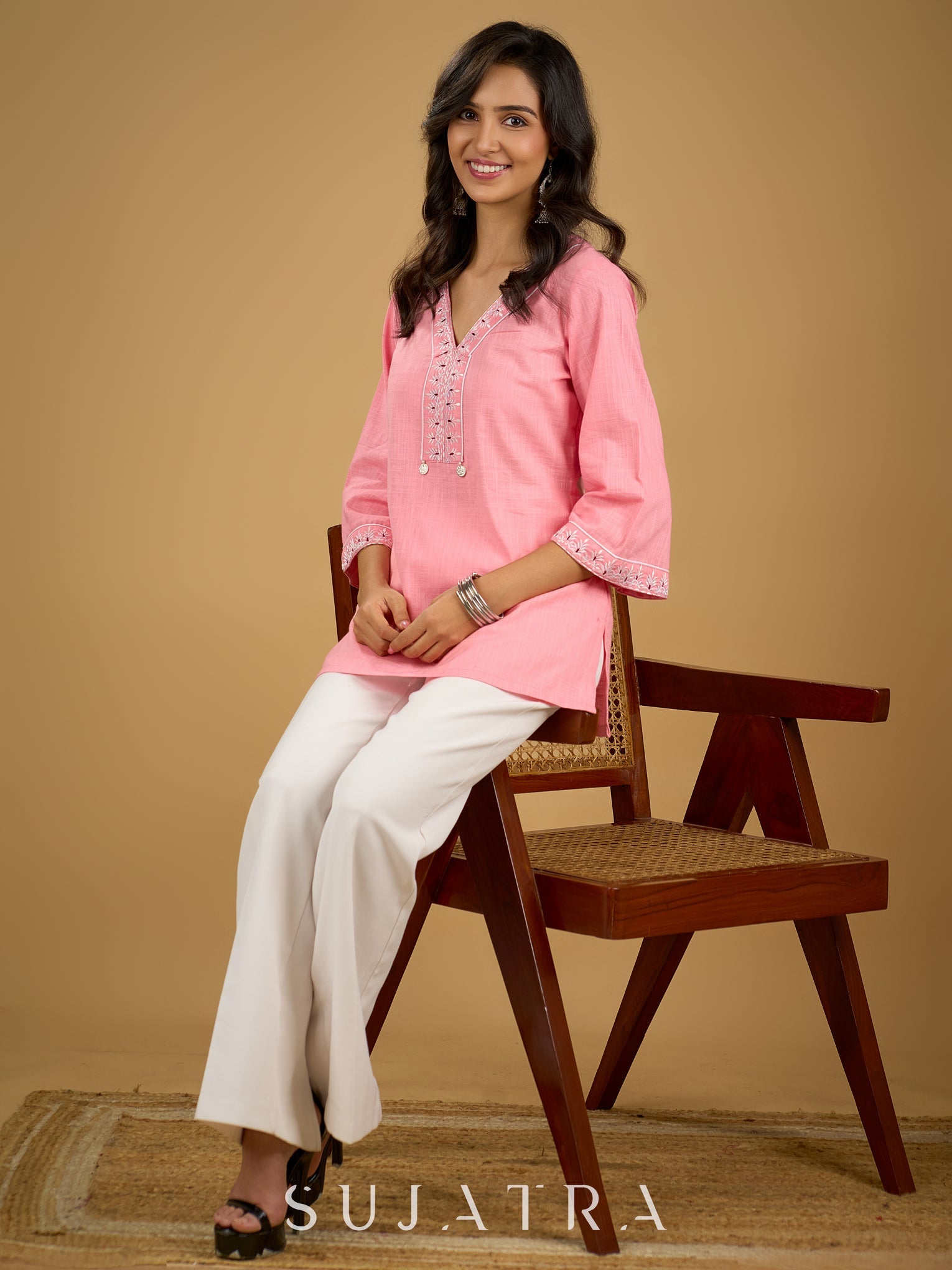 Elegant baby pink cotton top highlighted with subtle thread embroidery — free download
