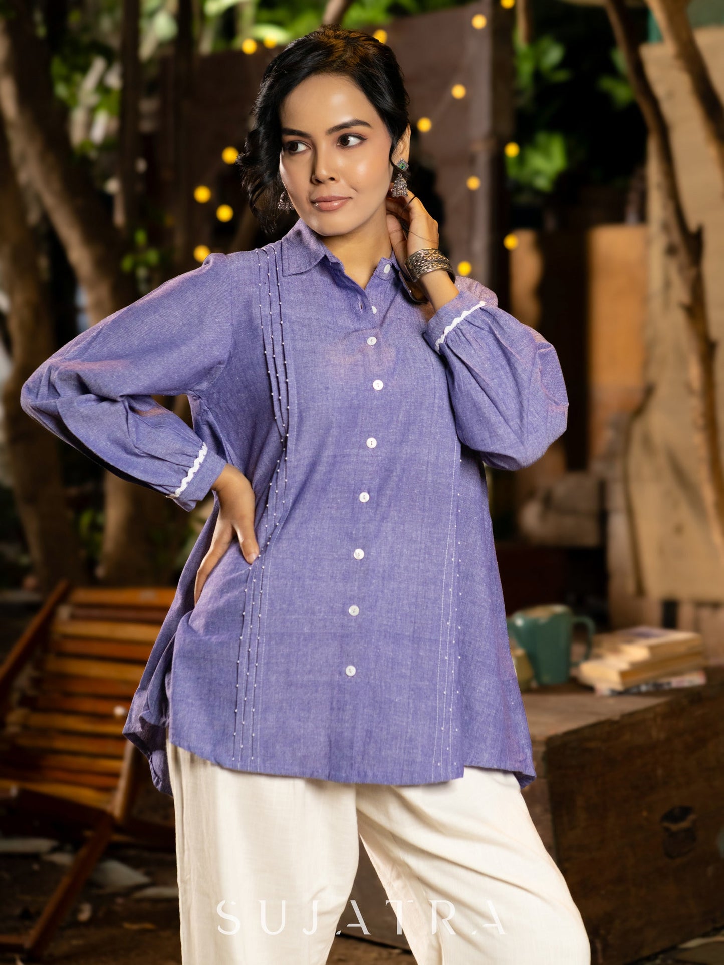 Luxe Lavender Handloom Cotton Shirt with Pleats, Delicate Beads and Crochet Lace Embellishment