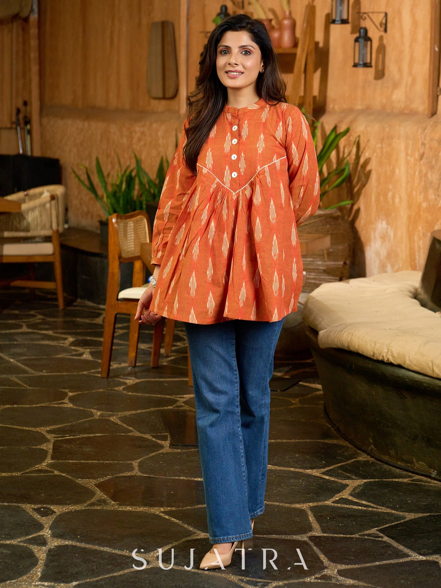 Tangerine Weave Ikat Top with Asymmetrical Panel and Statement Buttons
