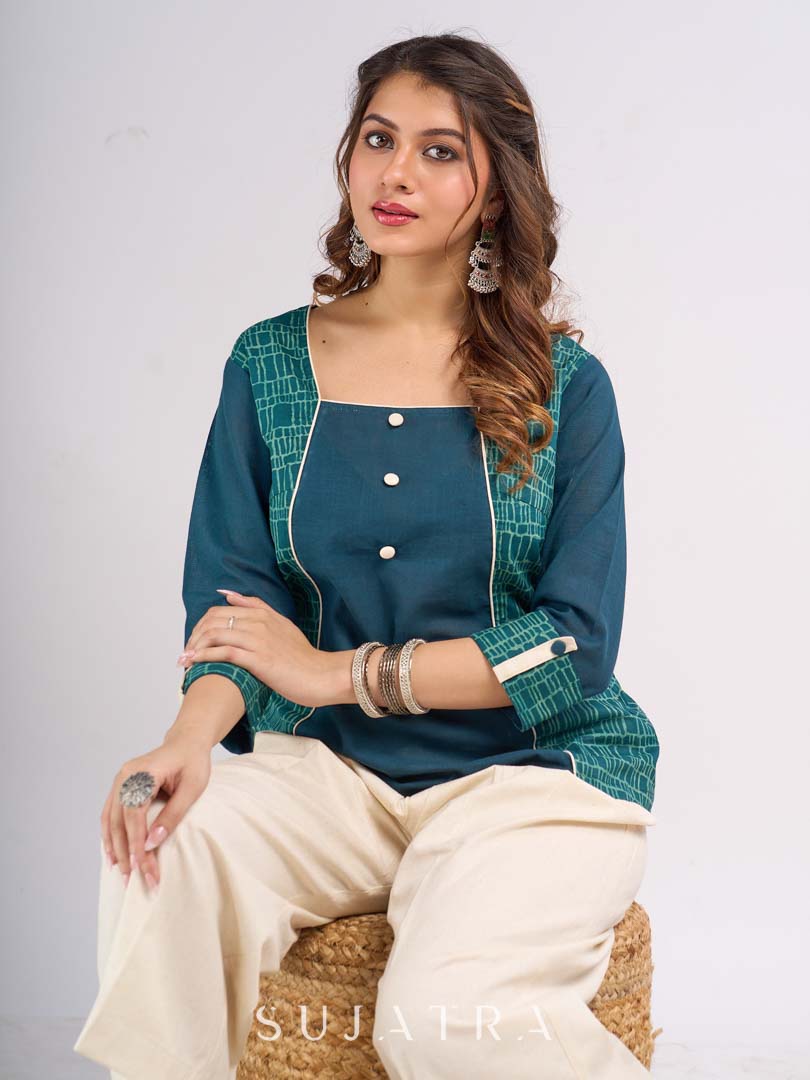 Teal Square Neck Cotton Top with Printed Panels and Contrast Piping