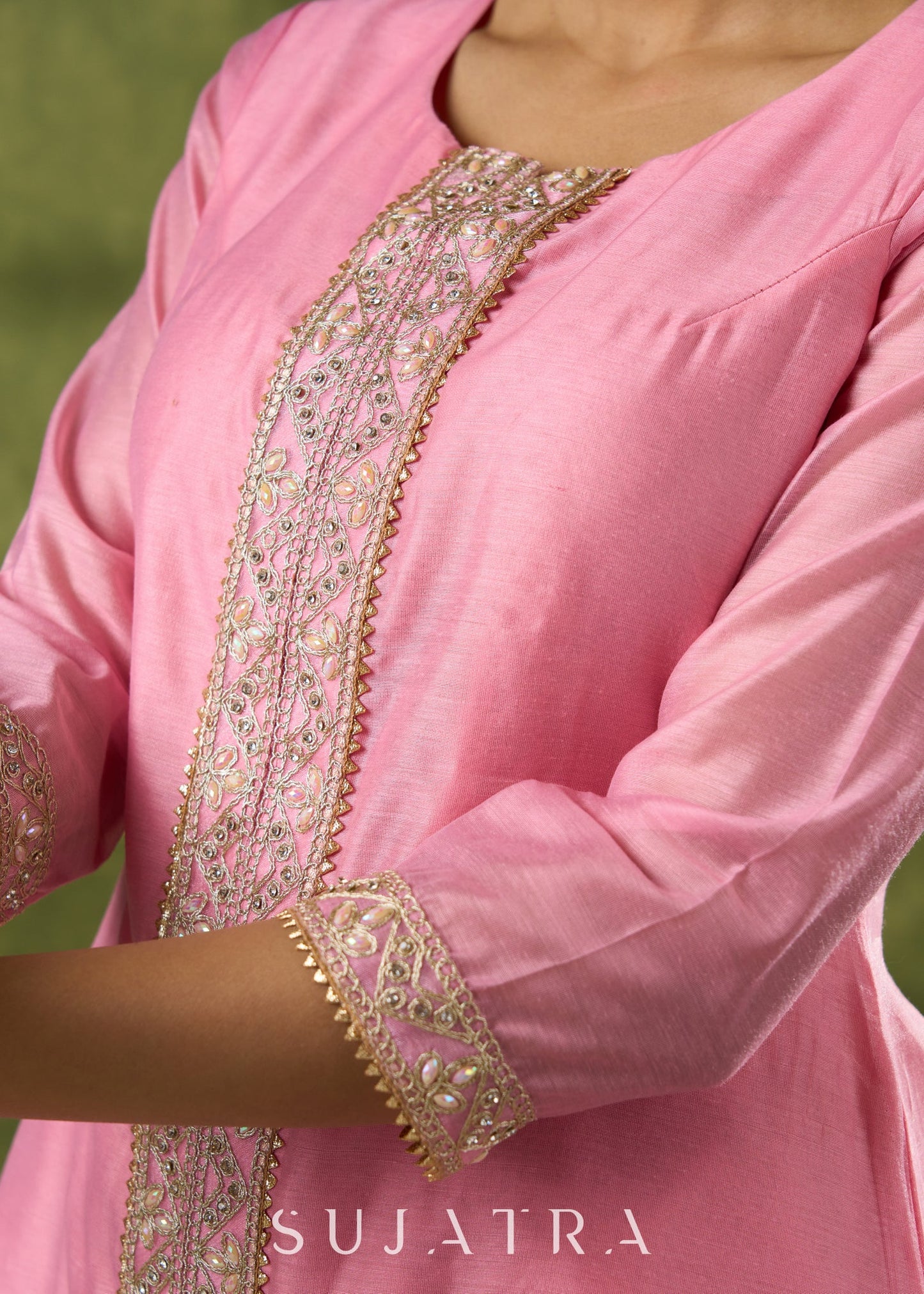 Delicate Pink Chanderi Kurta With Lace Works - Pant Optional