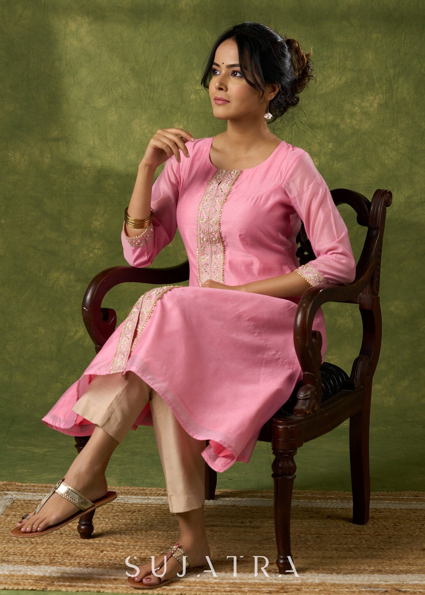 Delicate Pink Chanderi Kurta With Lace Works - Pant Optional