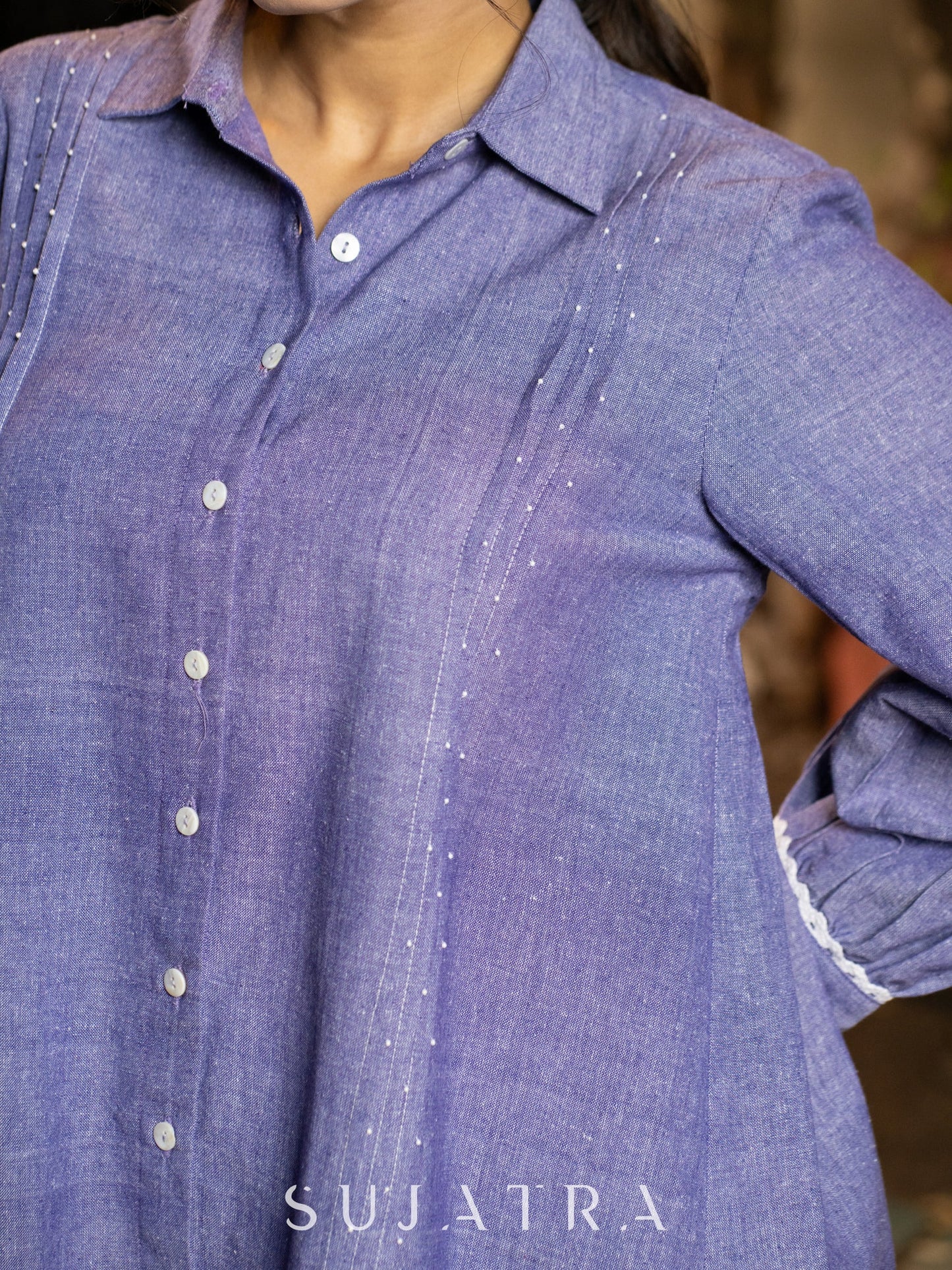 Luxe Lavender Handloom Cotton Shirt with Pleats, Delicate Beads and Crochet Lace Embellishment