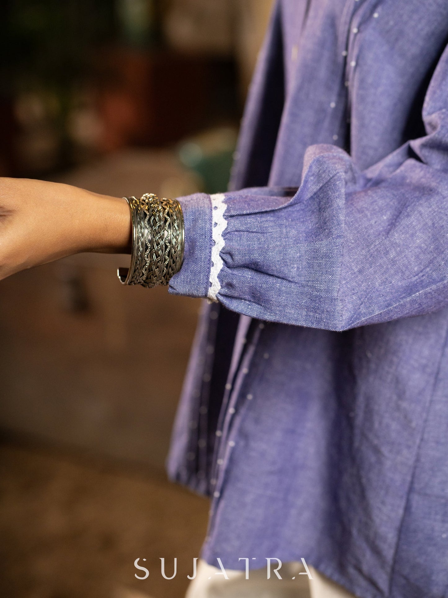 Luxe Lavender Handloom Cotton Shirt with Pleats, Delicate Beads and Crochet Lace Embellishment
