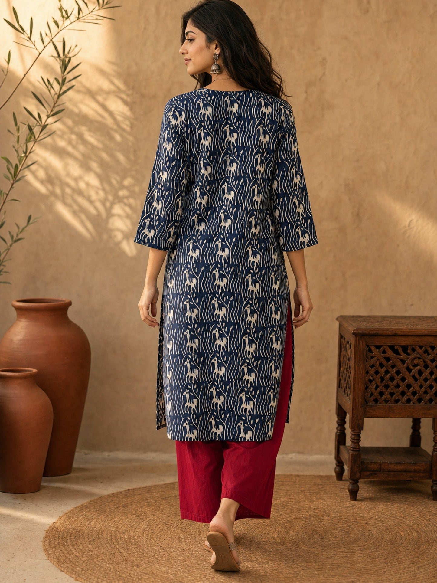 Exquisite Indigo Printed Cotton Kurta with Contrast Detailing