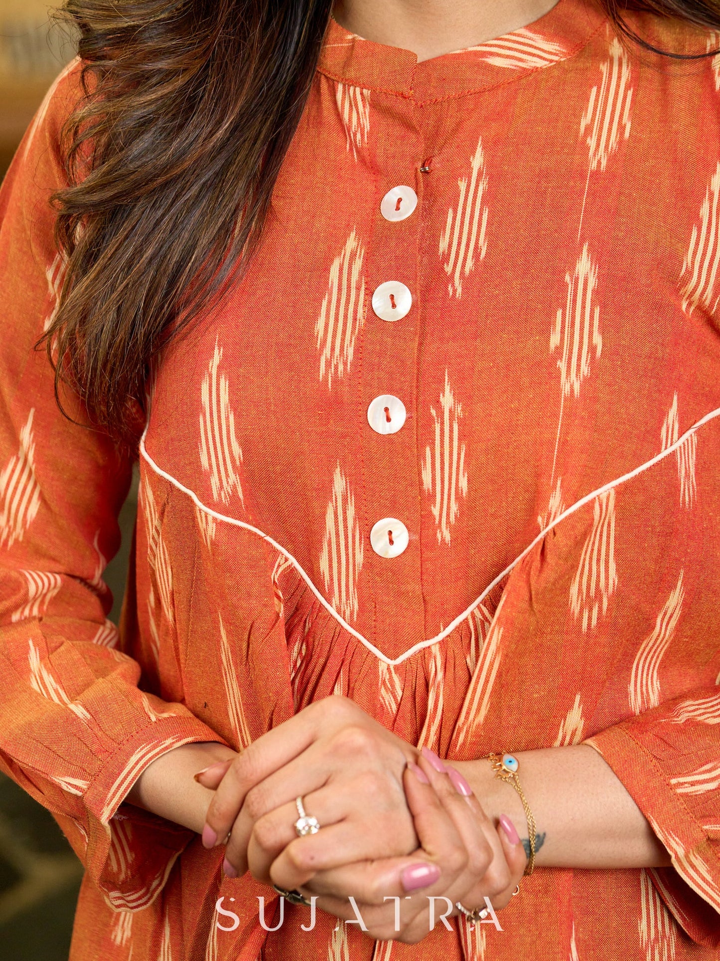 Tangerine Weave Ikat Top with Asymmetrical Panel and Statement Buttons