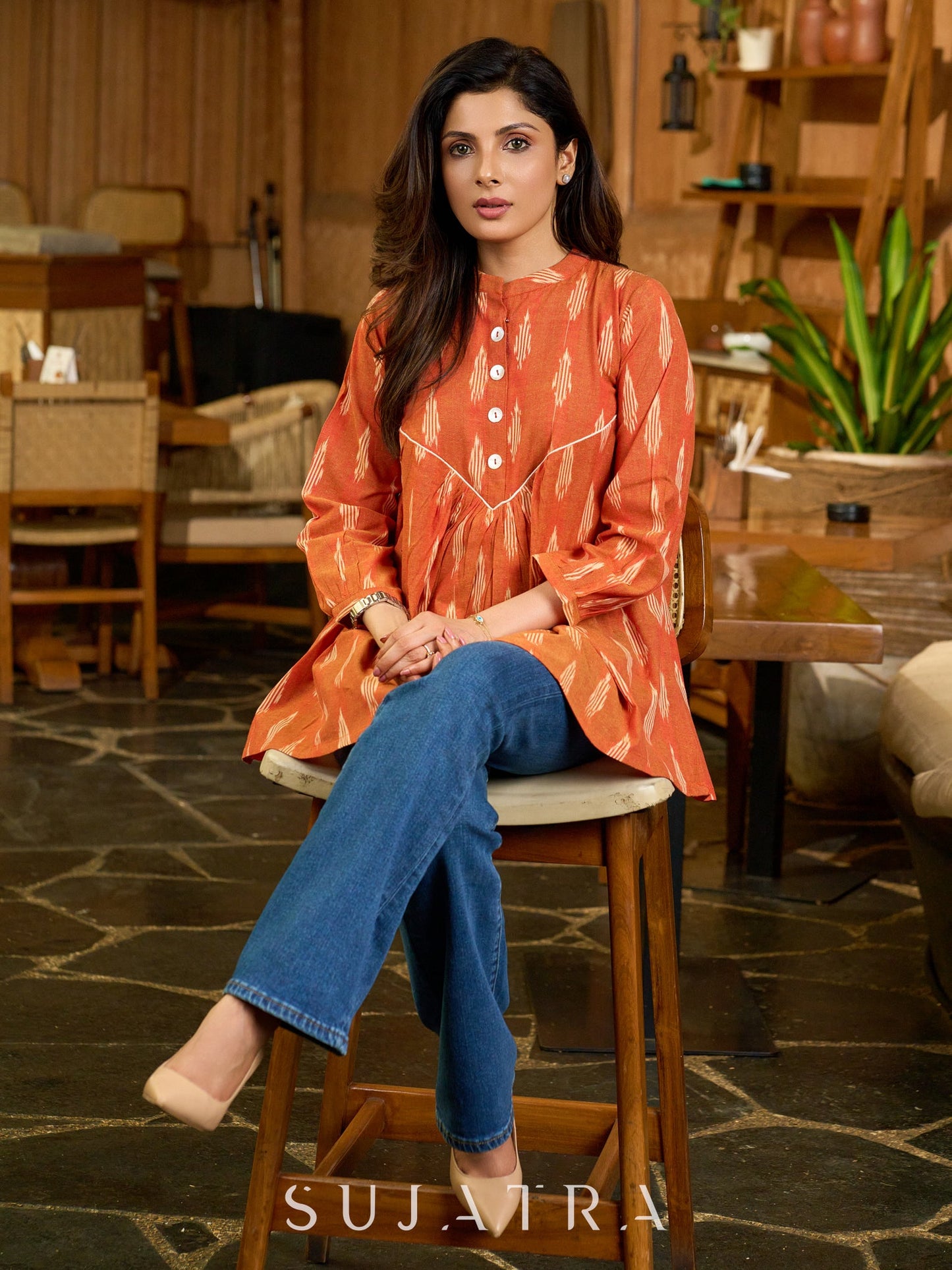 Tangerine Weave Ikat Top with Asymmetrical Panel and Statement Buttons