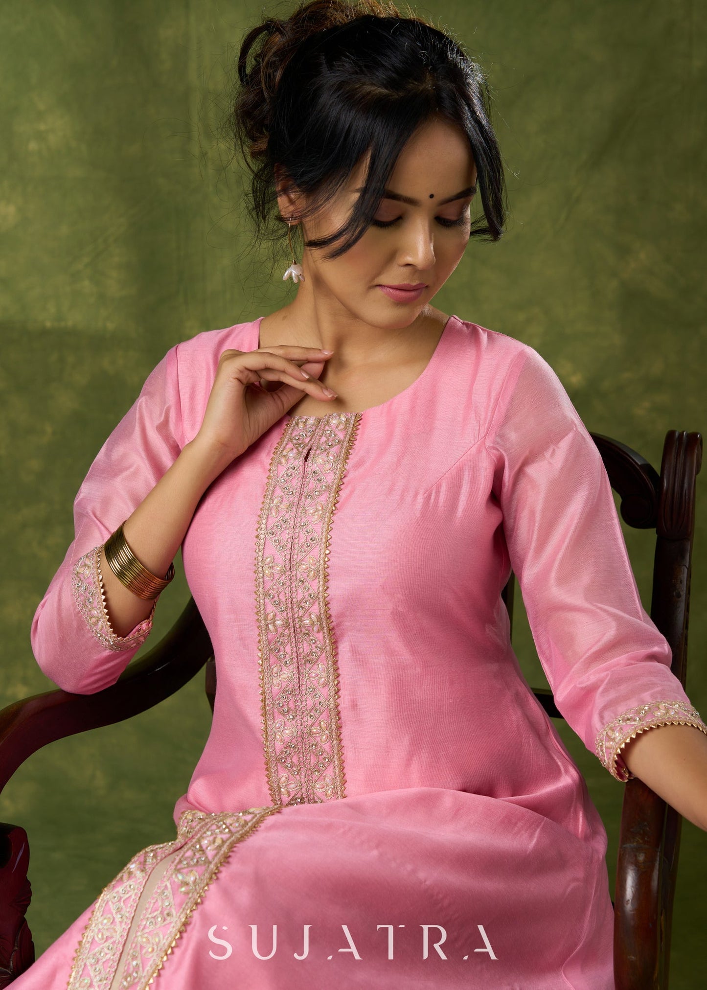 Delicate Pink Chanderi Kurta With Lace Works - Pant Optional