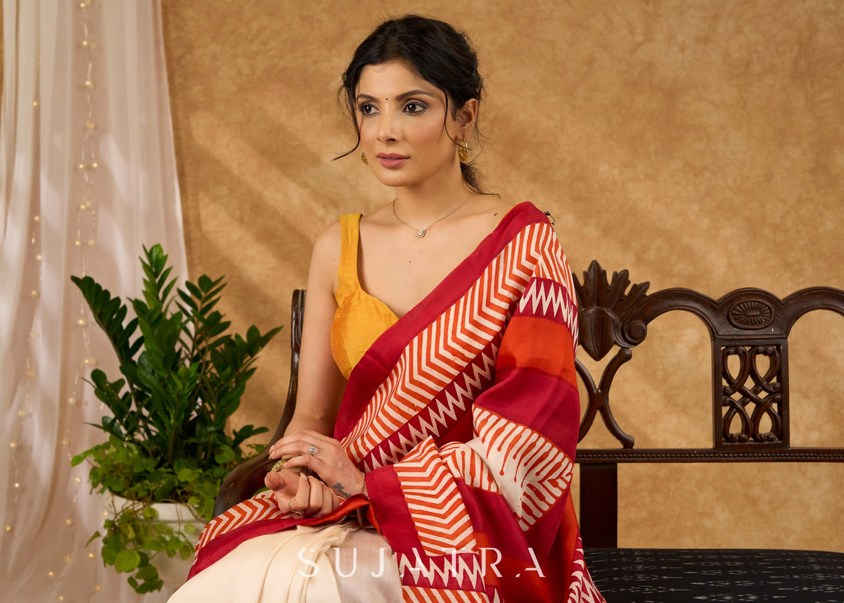 Sari luxueux en pure soie, imprimé au bloc avec bordure temple