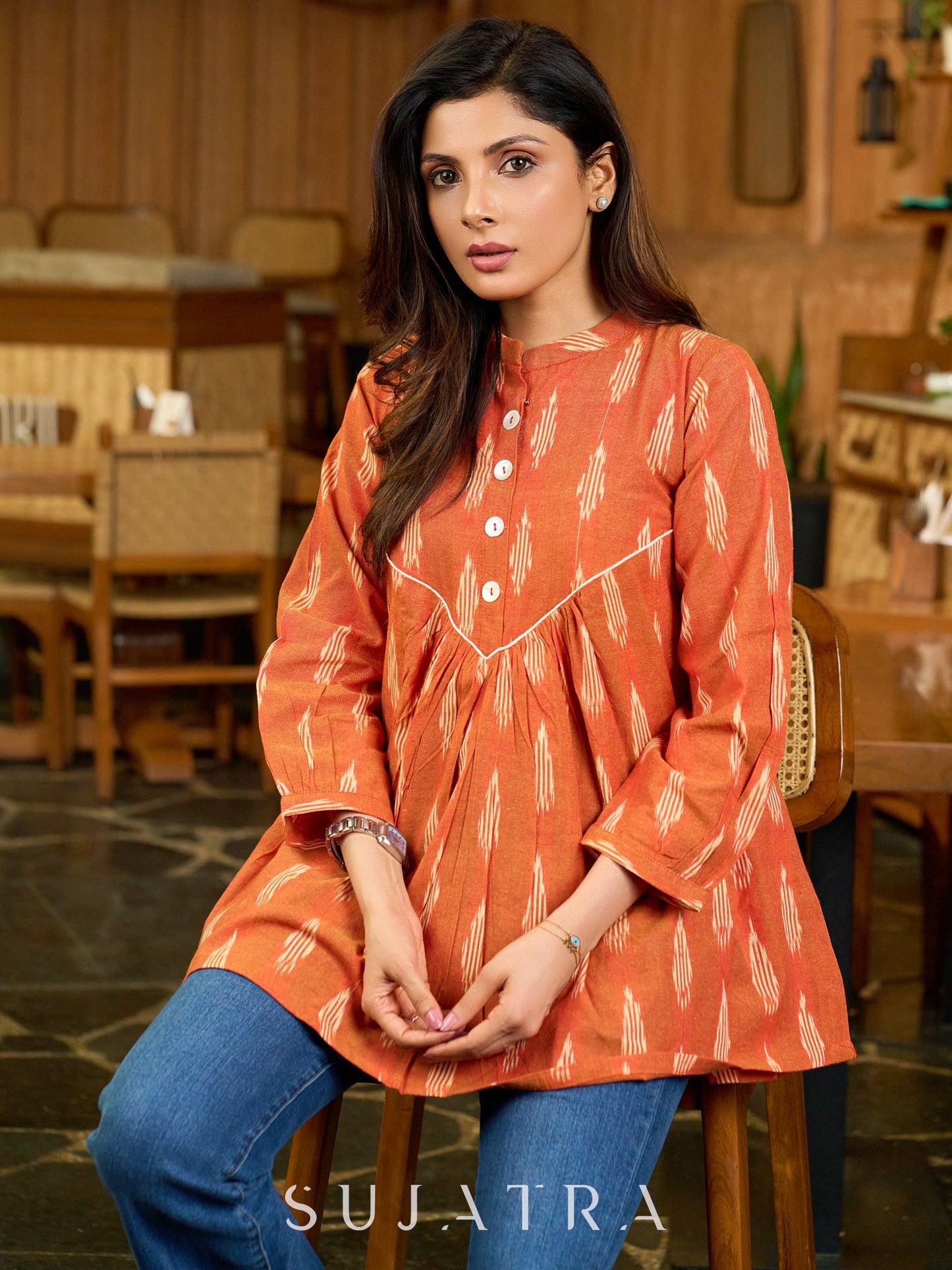 Tangerine Weave Ikat Top with Asymmetrical Panel and Statement Buttons