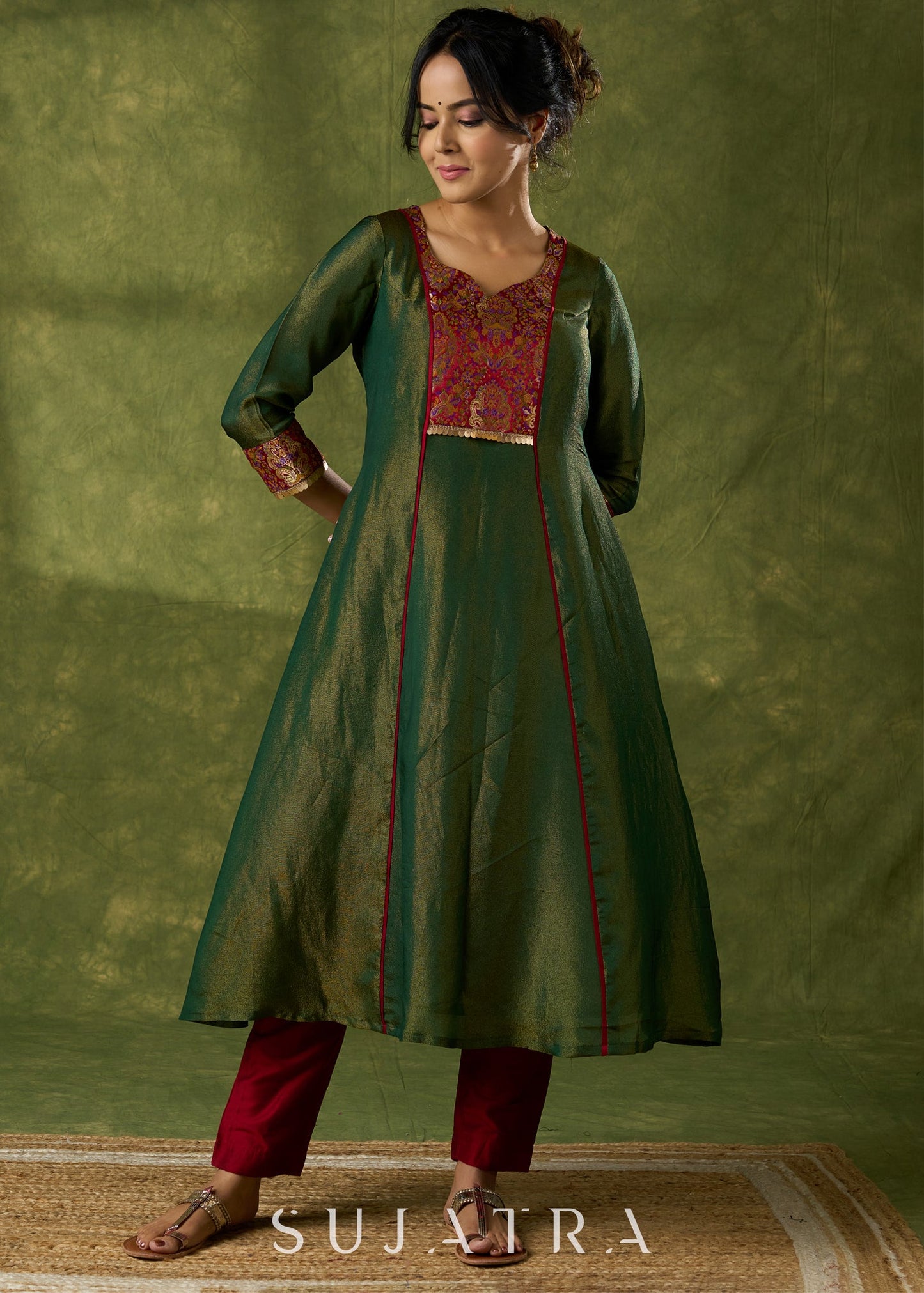 Beautiful Emerald Green Tissue Kurta With Brocade Details - Pant Optional