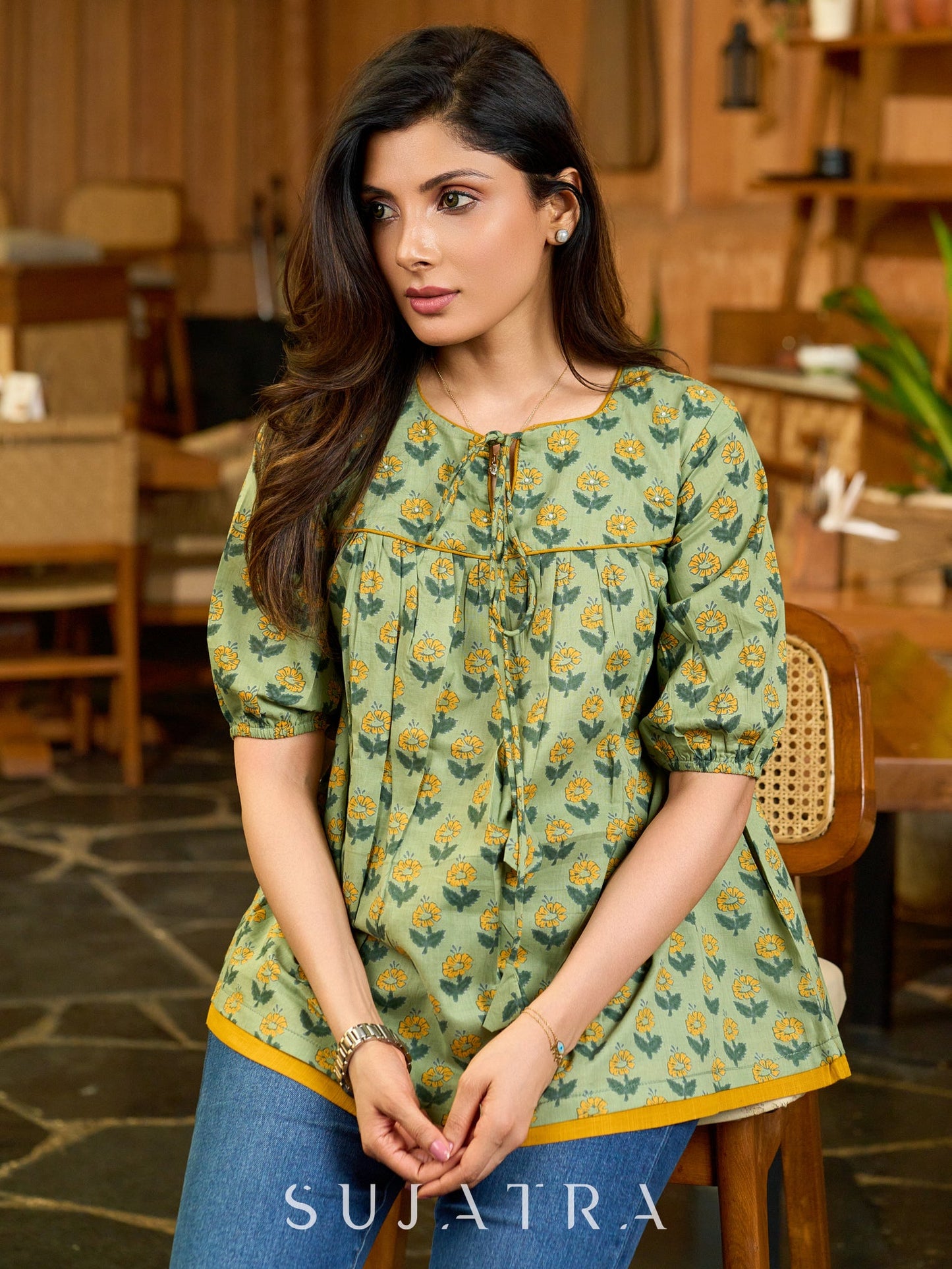 Botanical Green Printed Top with Contrast Mustard Flared Hem and Puffy Sleeves with Pearl Embellishments