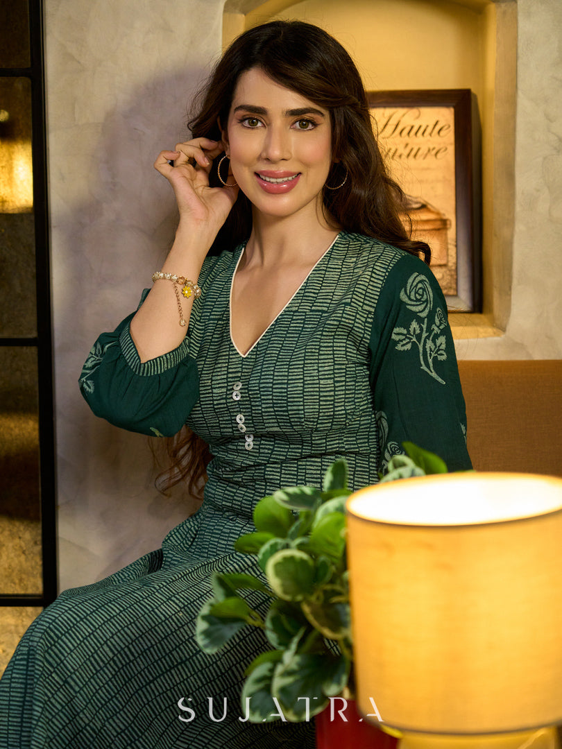 Contemporary Bottle Green Hand Block Printed Cotton Dress with Cinched Waist & Floral Sleeves