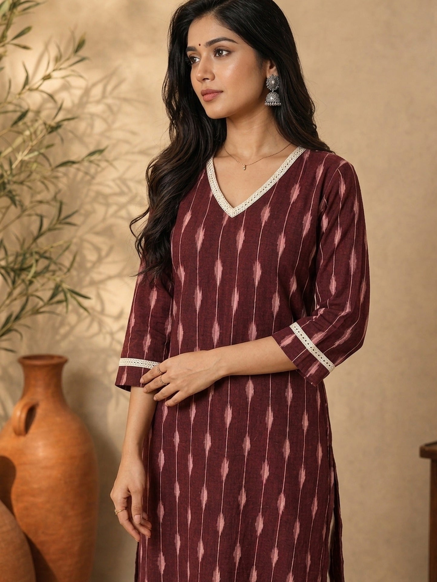 Deep Maroon Ikat Cotton Kurta with Detailed Neckline & Sleeves