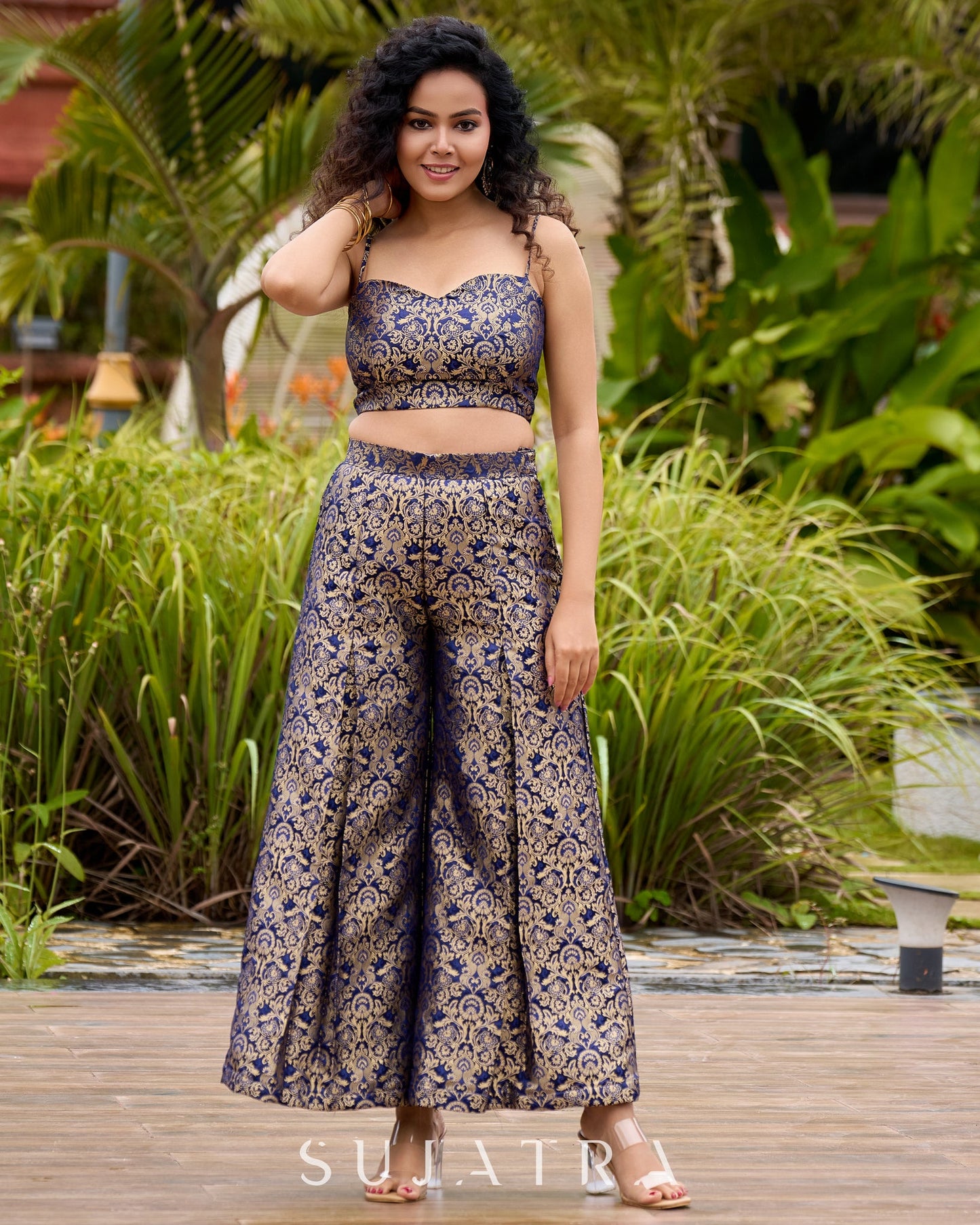Brocade Blouse & Pleated Brocade Pants with Additional Brown Sheer Tunic