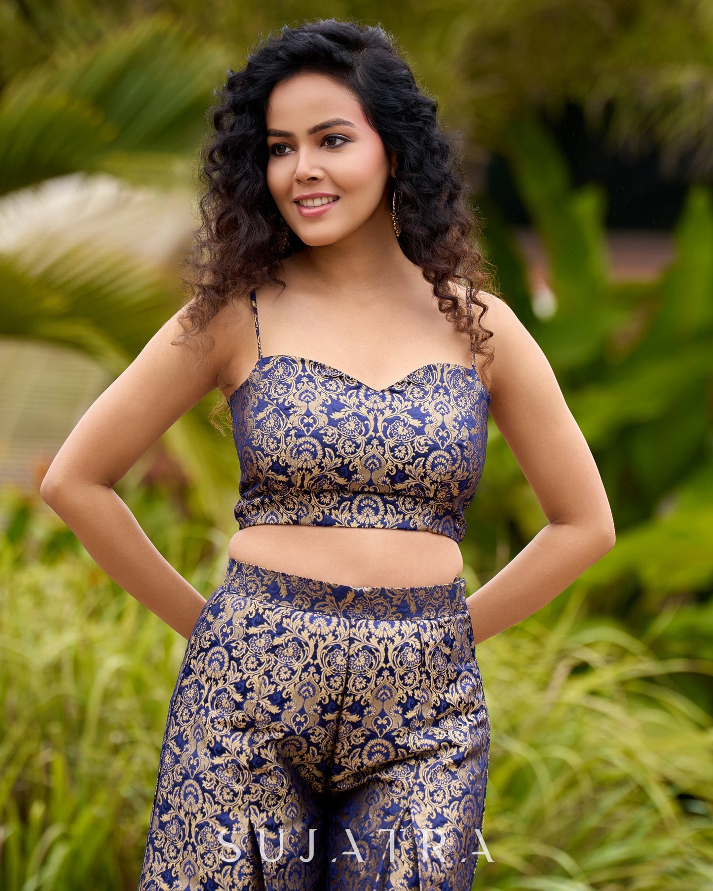 Brocade Blouse & Pleated Brocade Pants with Additional Brown Sheer Tunic