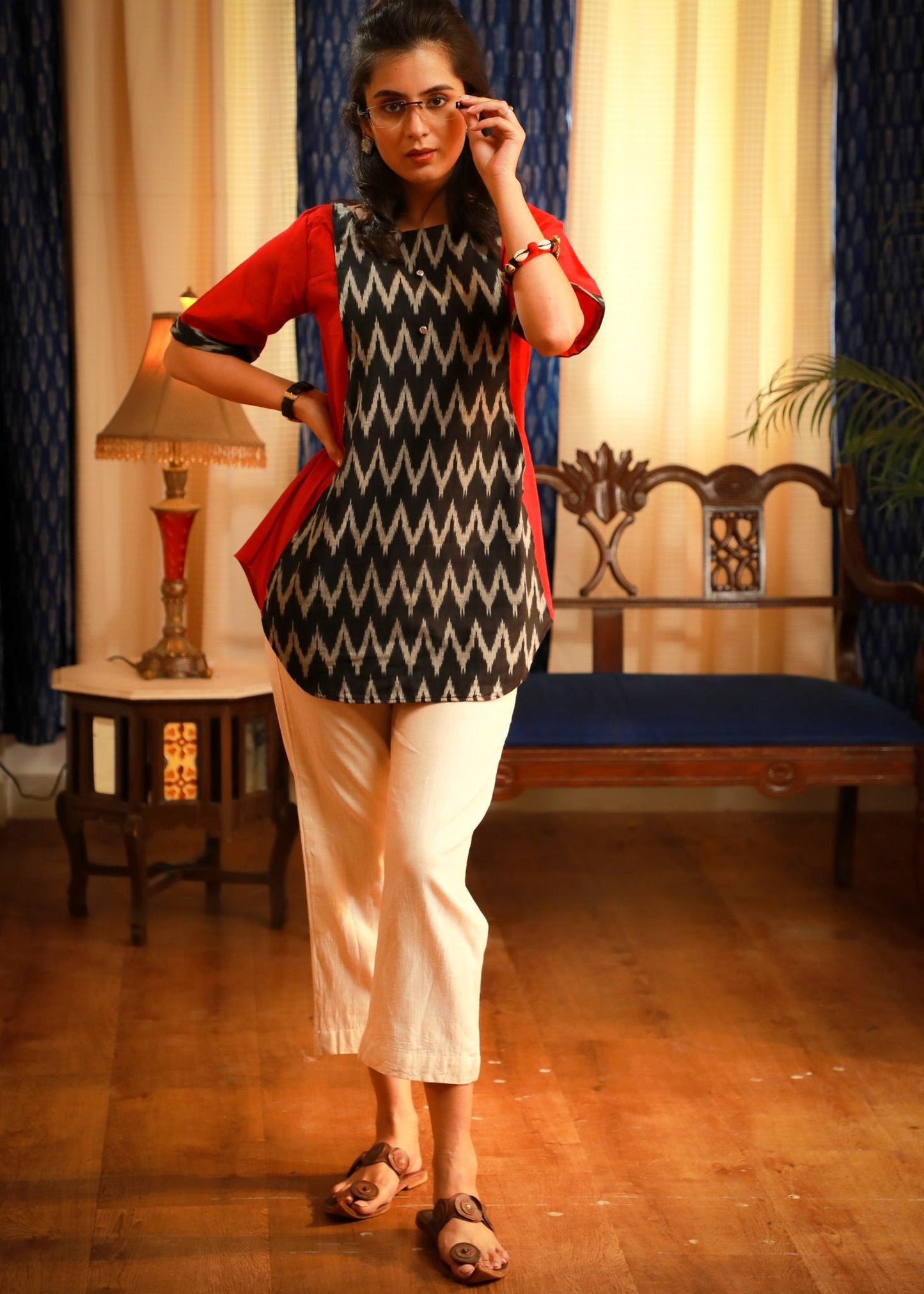 Classic red & black zig zag ikat combination pure cotton top