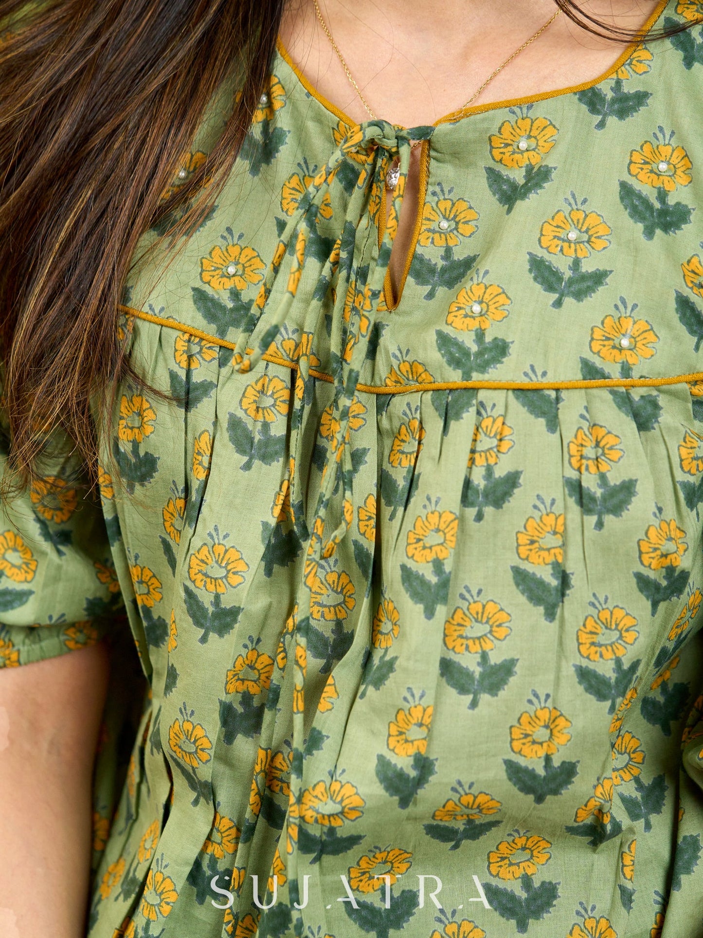 Botanical Green Printed Top with Contrast Mustard Flared Hem and Puffy Sleeves with Pearl Embellishments